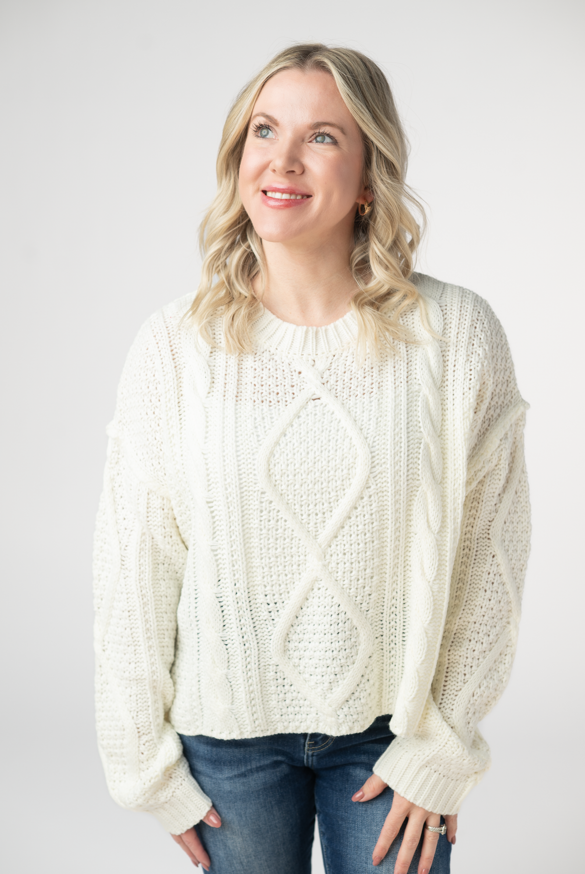 Cable Knit Sweater - Ivory-Sweaters-Dear Me Southern Boutique, located in DeRidder, Louisiana