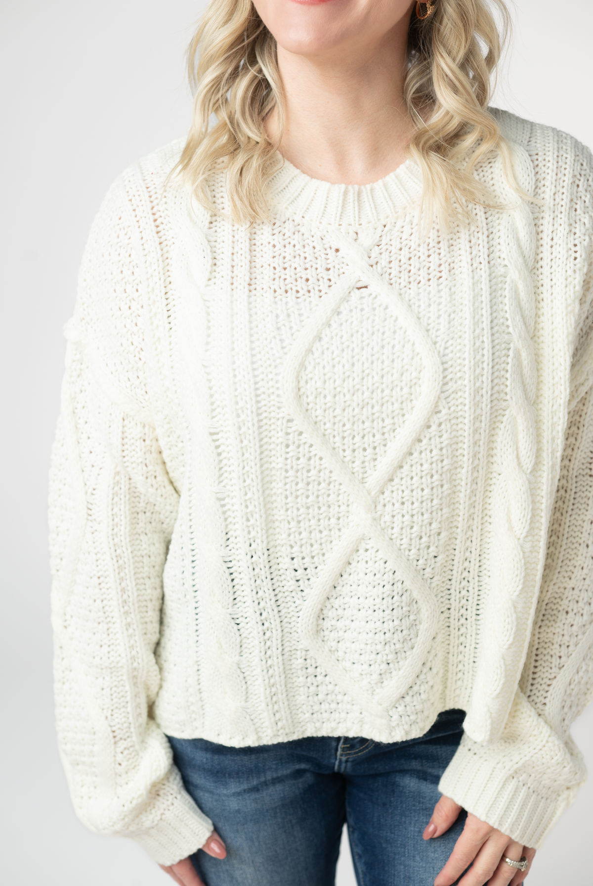 Cable Knit Sweater - Ivory-Sweaters-Dear Me Southern Boutique, located in DeRidder, Louisiana