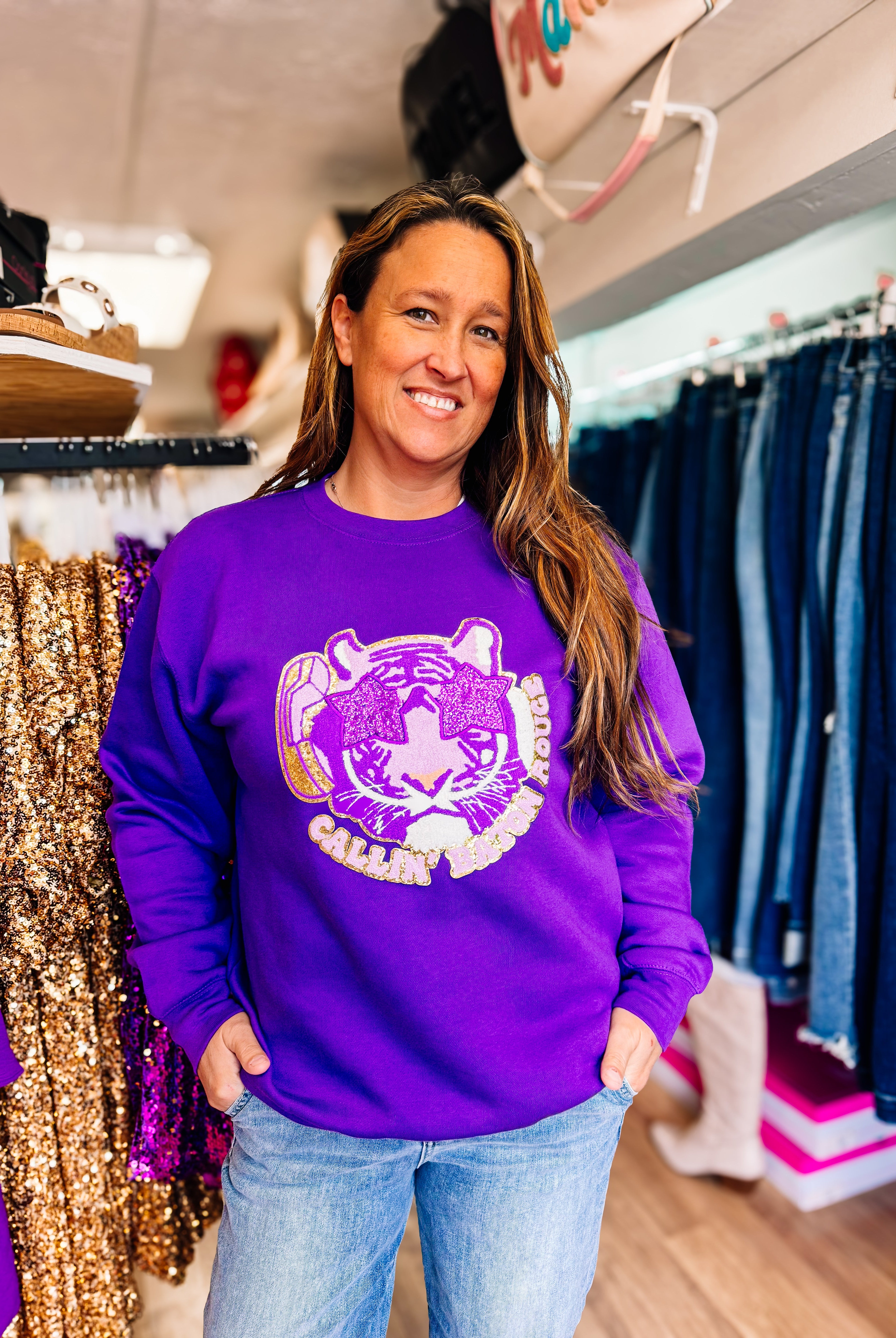 Callin' Baton Rouge Sweatshirt-Graphic Tops-Dear Me Southern Boutique, located in DeRidder, Louisiana