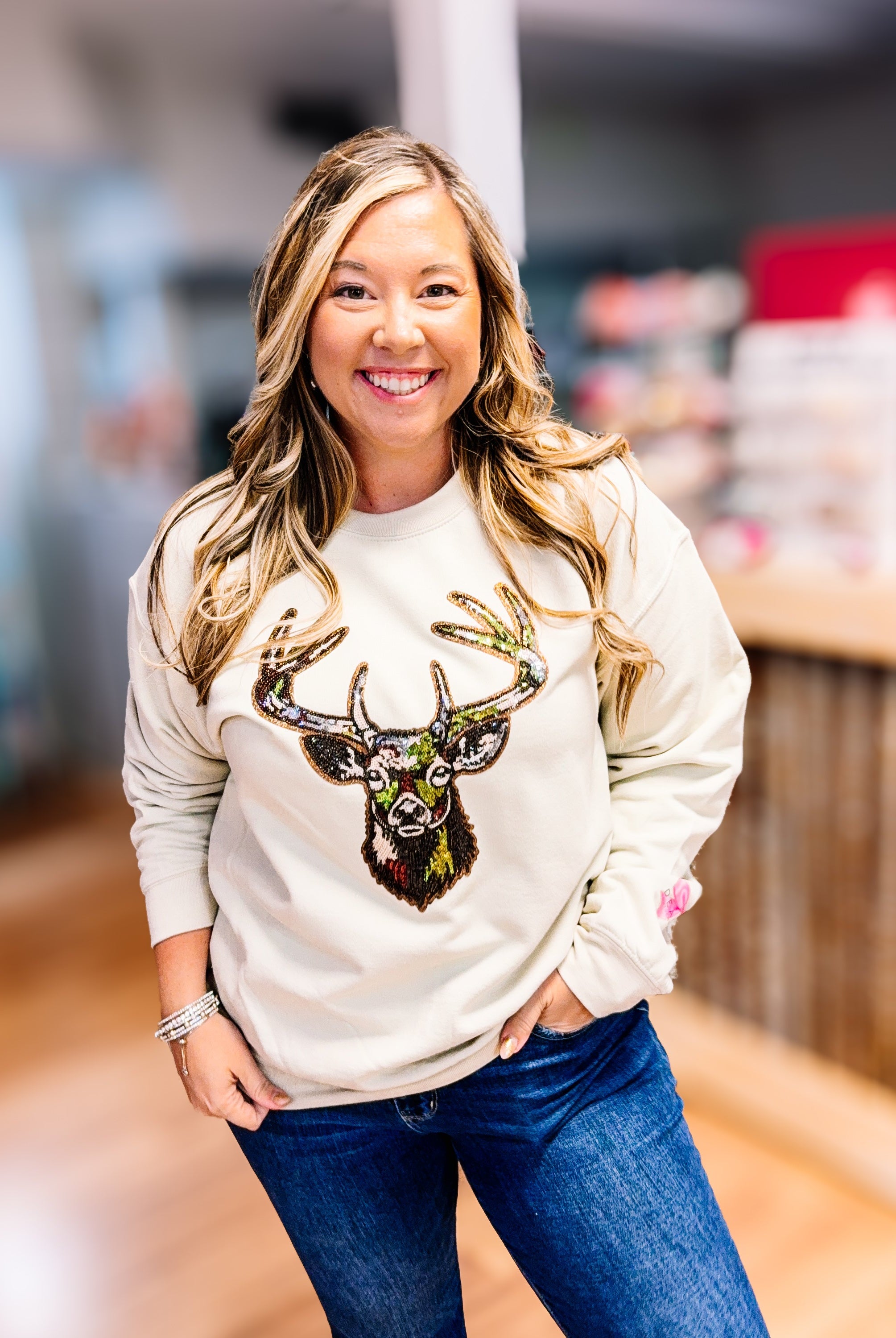 Camo Buck Sequin Pullover-Graphic Tops-Dear Me Southern Boutique, located in DeRidder, Louisiana