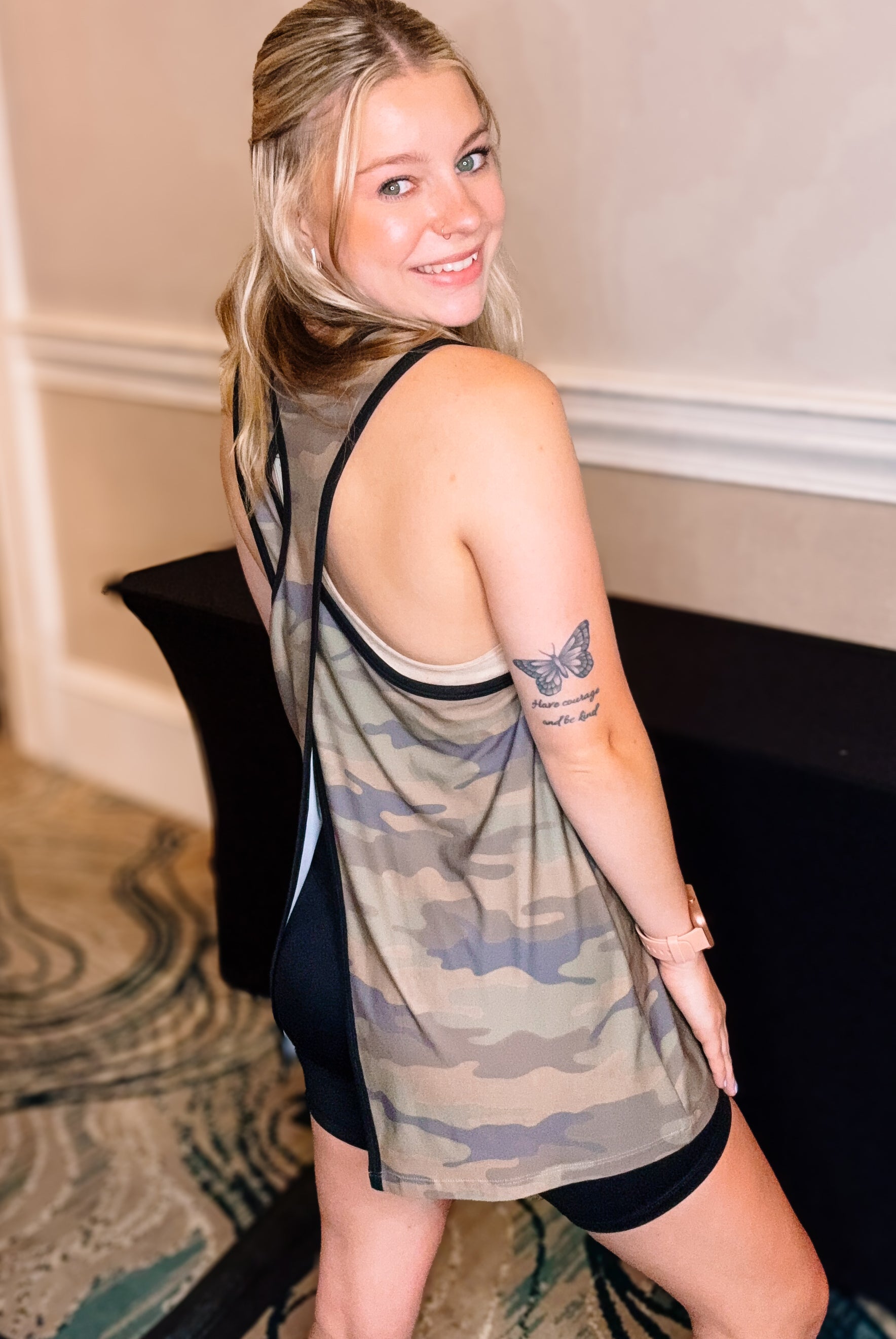 Camo Criss Cross Open Back Tank-Loungewear-Dear Me Southern Boutique, located in DeRidder, Louisiana