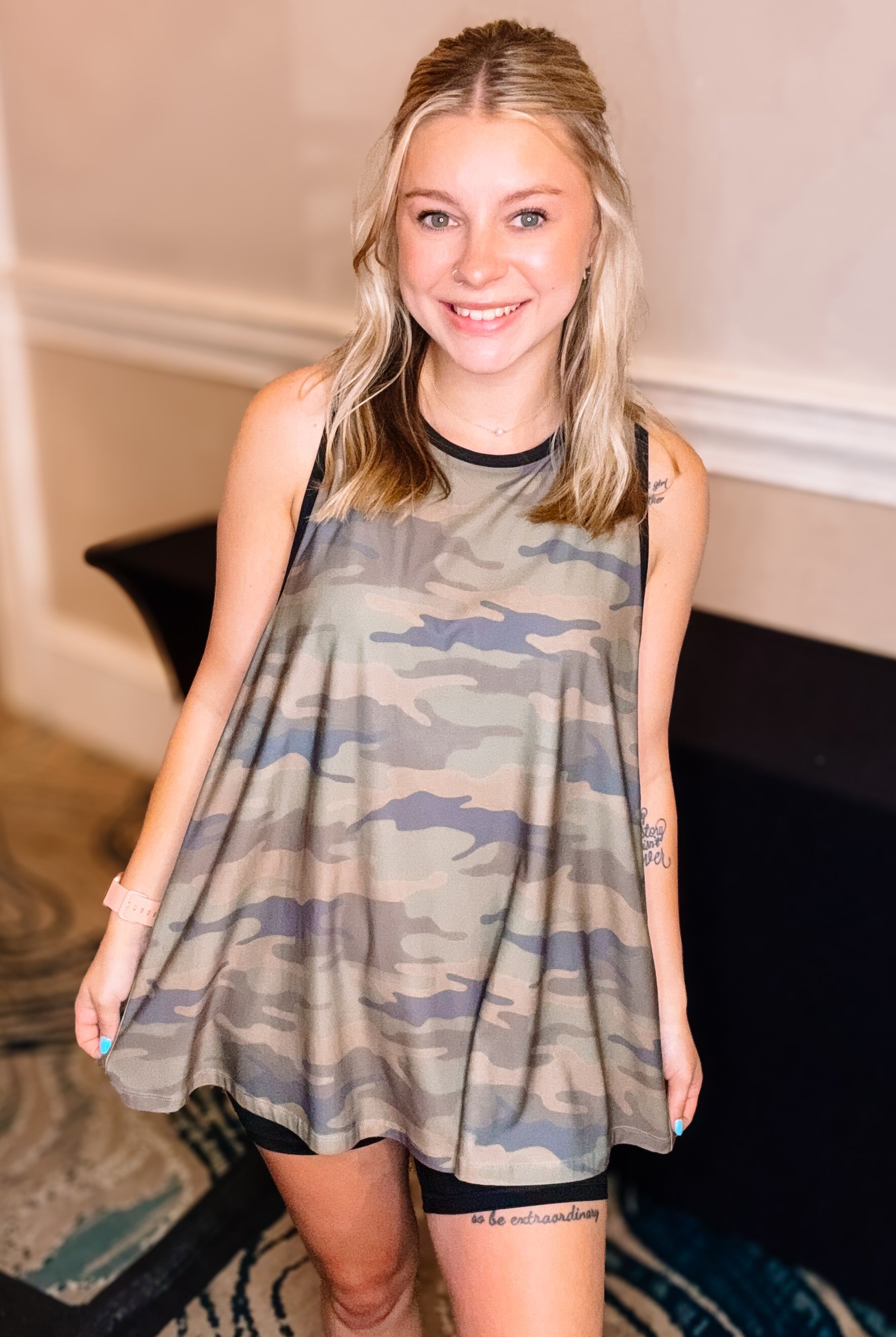 Camo Criss Cross Open Back Tank-Loungewear-Dear Me Southern Boutique, located in DeRidder, Louisiana