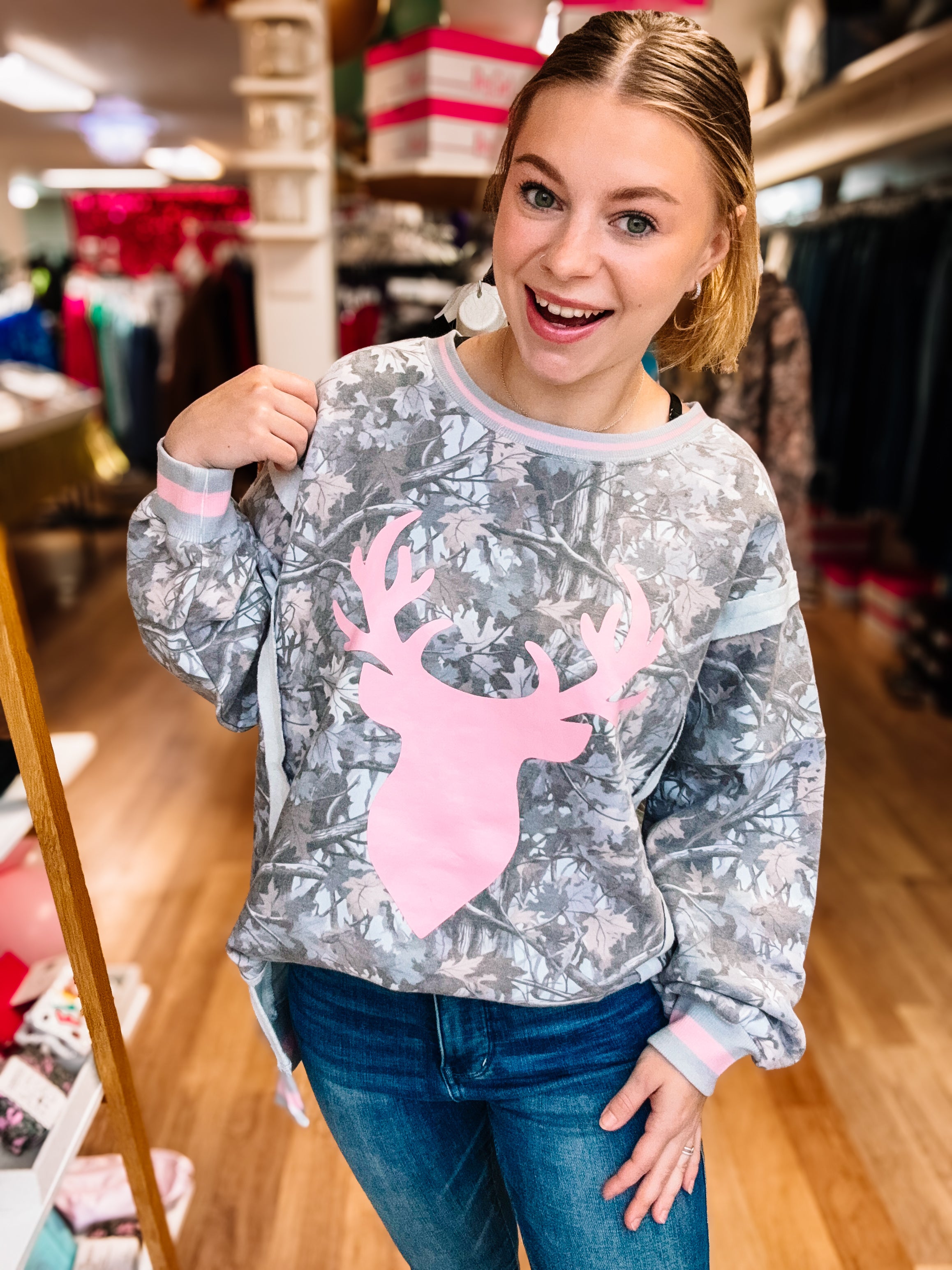 Camo Reindeer Oversized Sweatshirt-Sweaters-Dear Me Southern Boutique, located in DeRidder, Louisiana