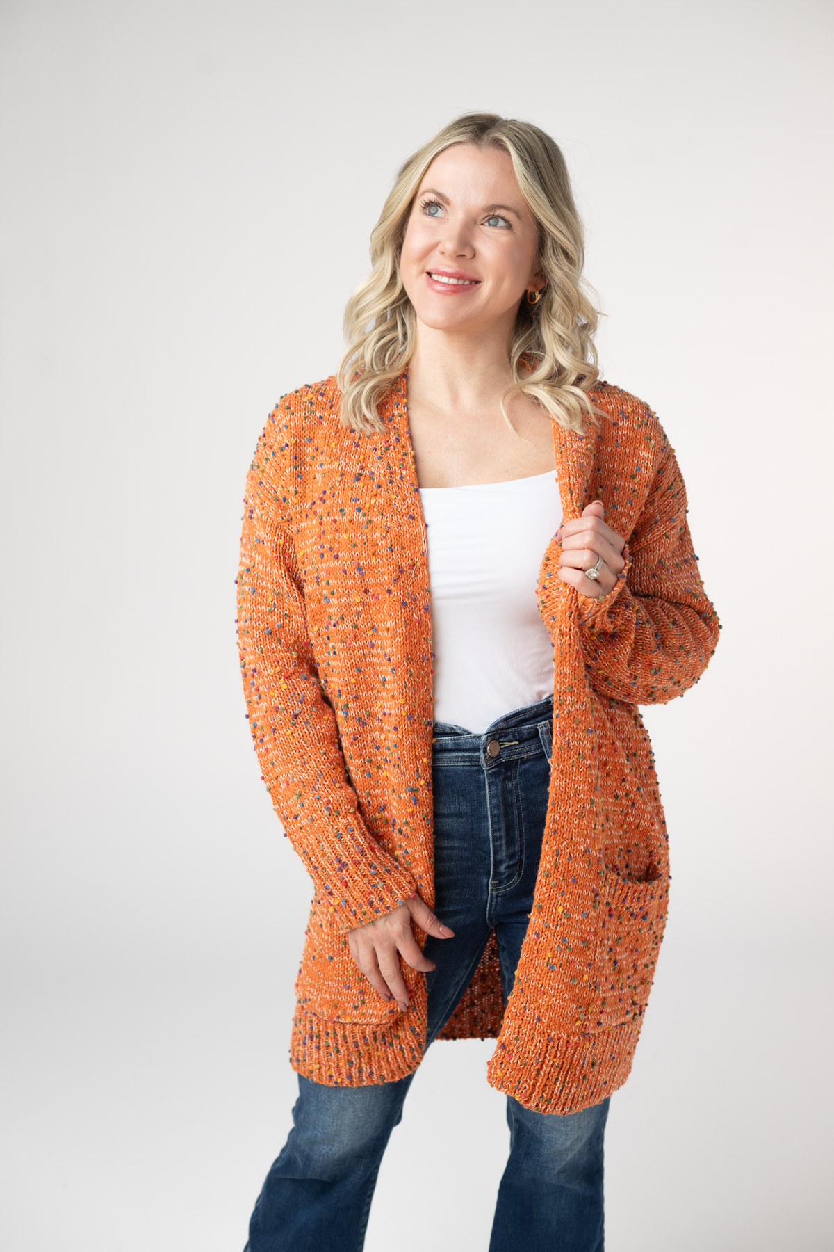 Carly Confetti Dot Cardigan - Pumpkin-Cardigan-Dear Me Southern Boutique, located in DeRidder, Louisiana