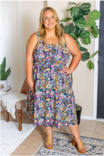 Cassidy Midi Dress - Navy Floral-Dresses-Dear Me Southern Boutique, located in DeRidder, Louisiana
