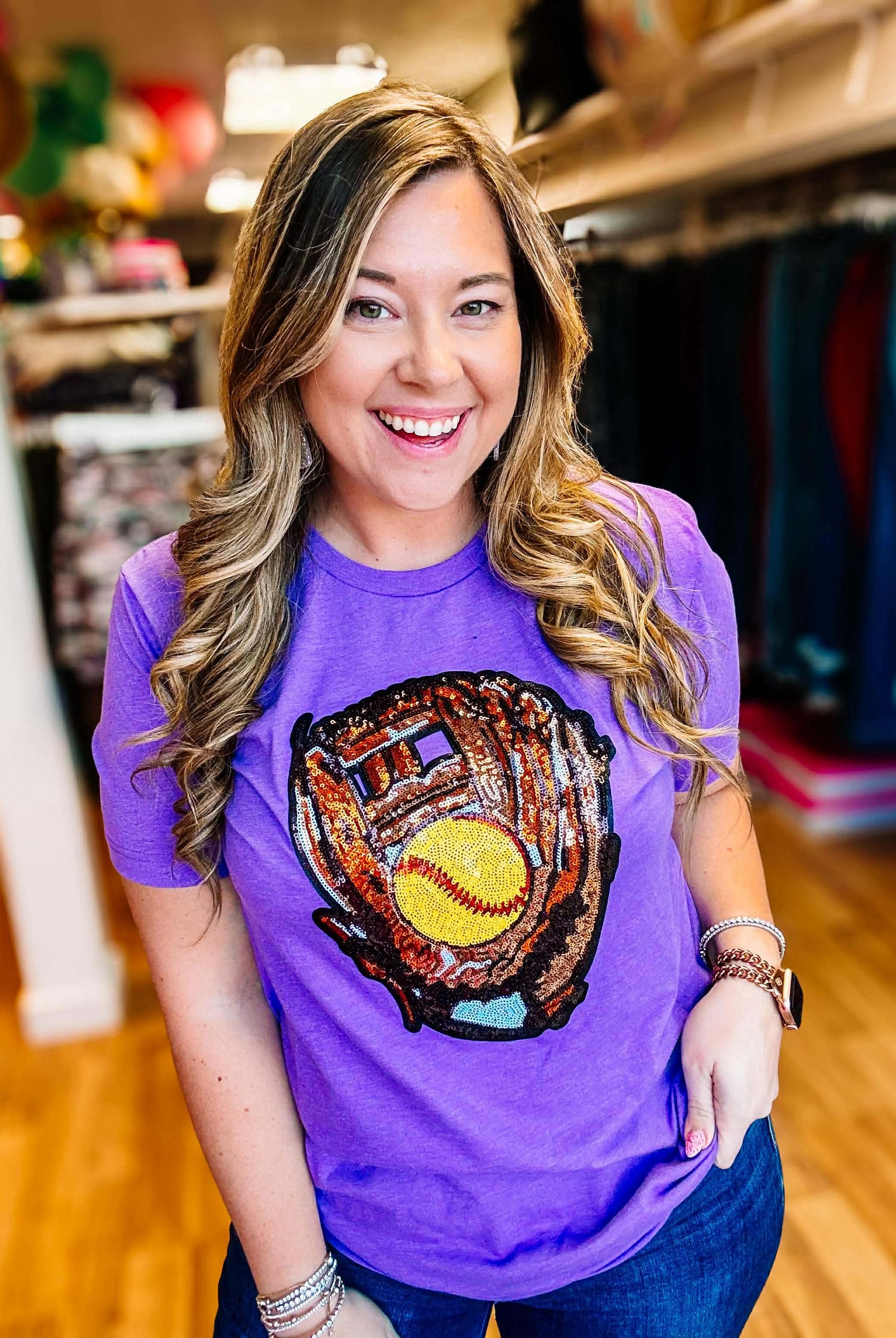 Catch Me Sparklin' Softball Tee-Graphic Tops-Dear Me Southern Boutique, located in DeRidder, Louisiana