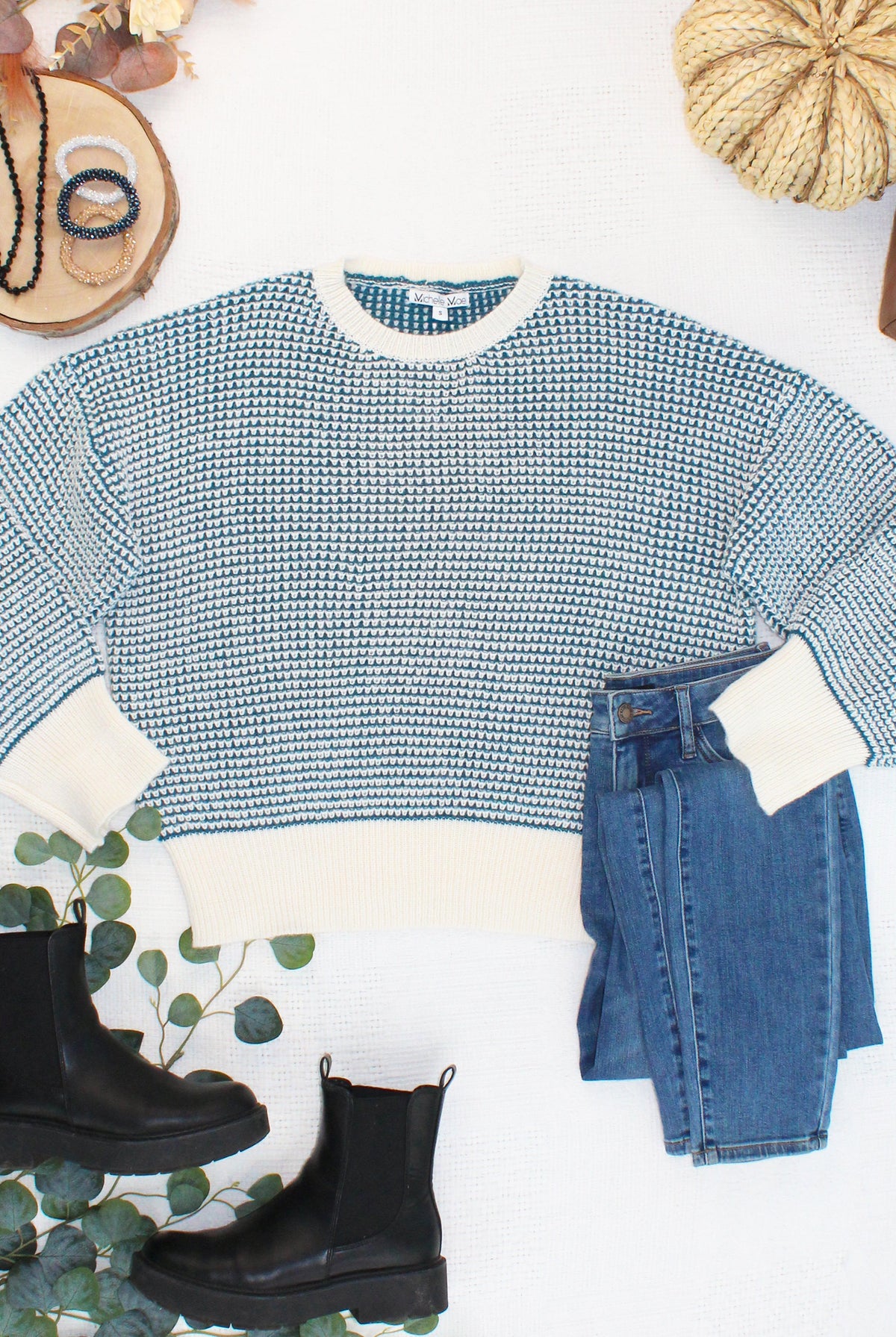 Charlotte Sweater - Teal and Ivory-Sweaters-Dear Me Southern Boutique, located in DeRidder, Louisiana