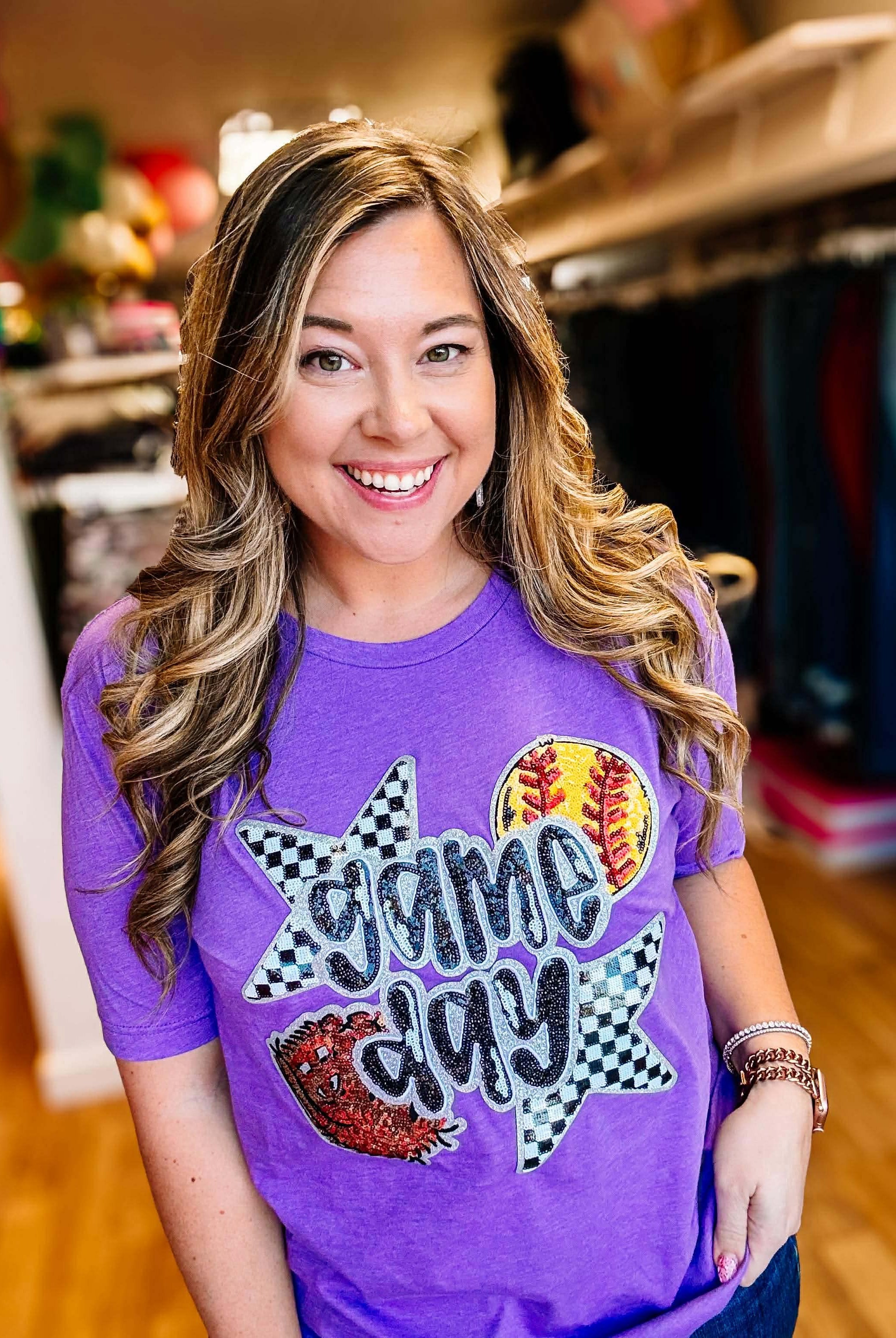 Checkered & Cheering Softball Tee-Graphic Tops-Dear Me Southern Boutique, located in DeRidder, Louisiana