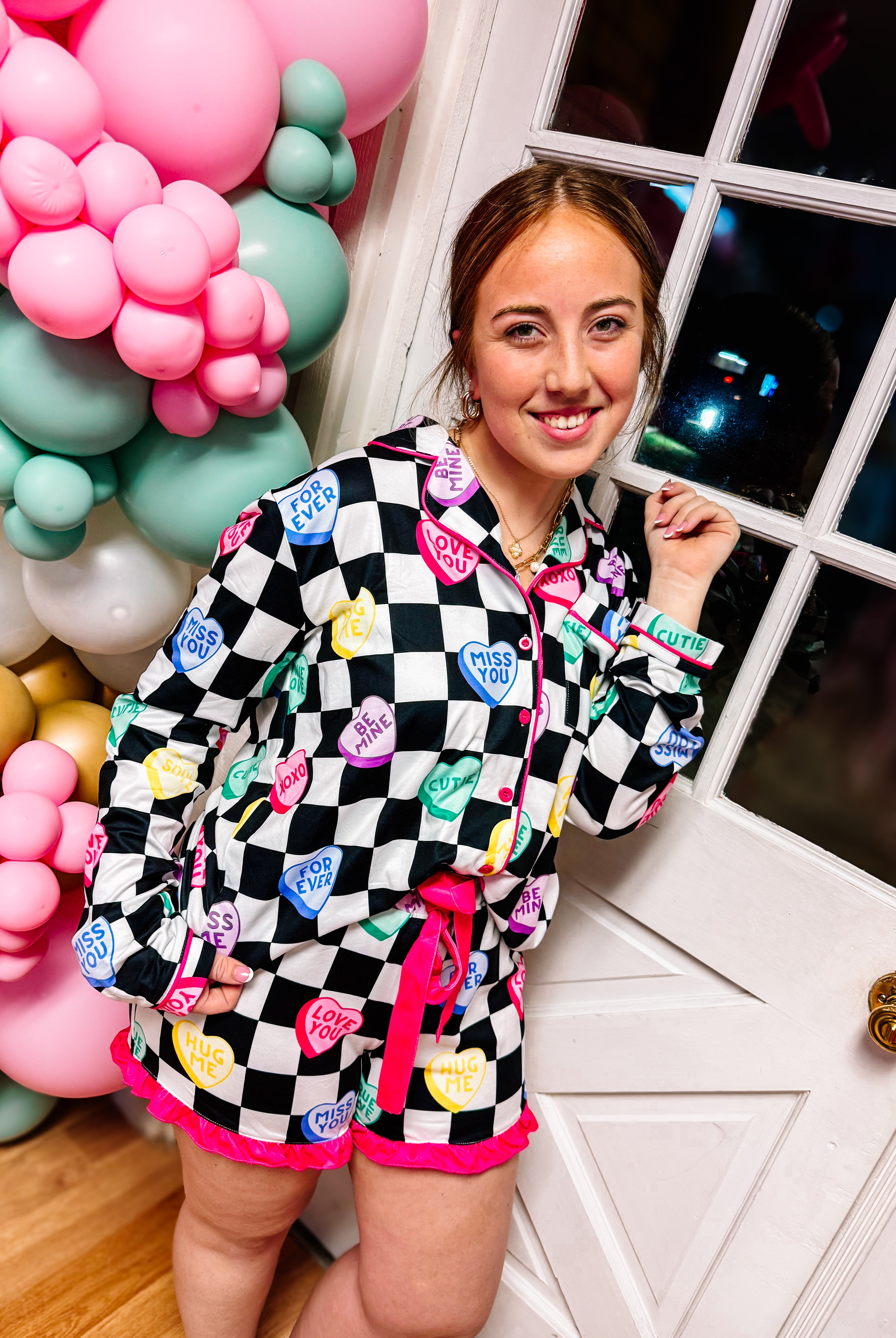 Checkered Conversation Hearts Ruffle Pajama Set-Pajamas-Dear Me Southern Boutique, located in DeRidder, Louisiana