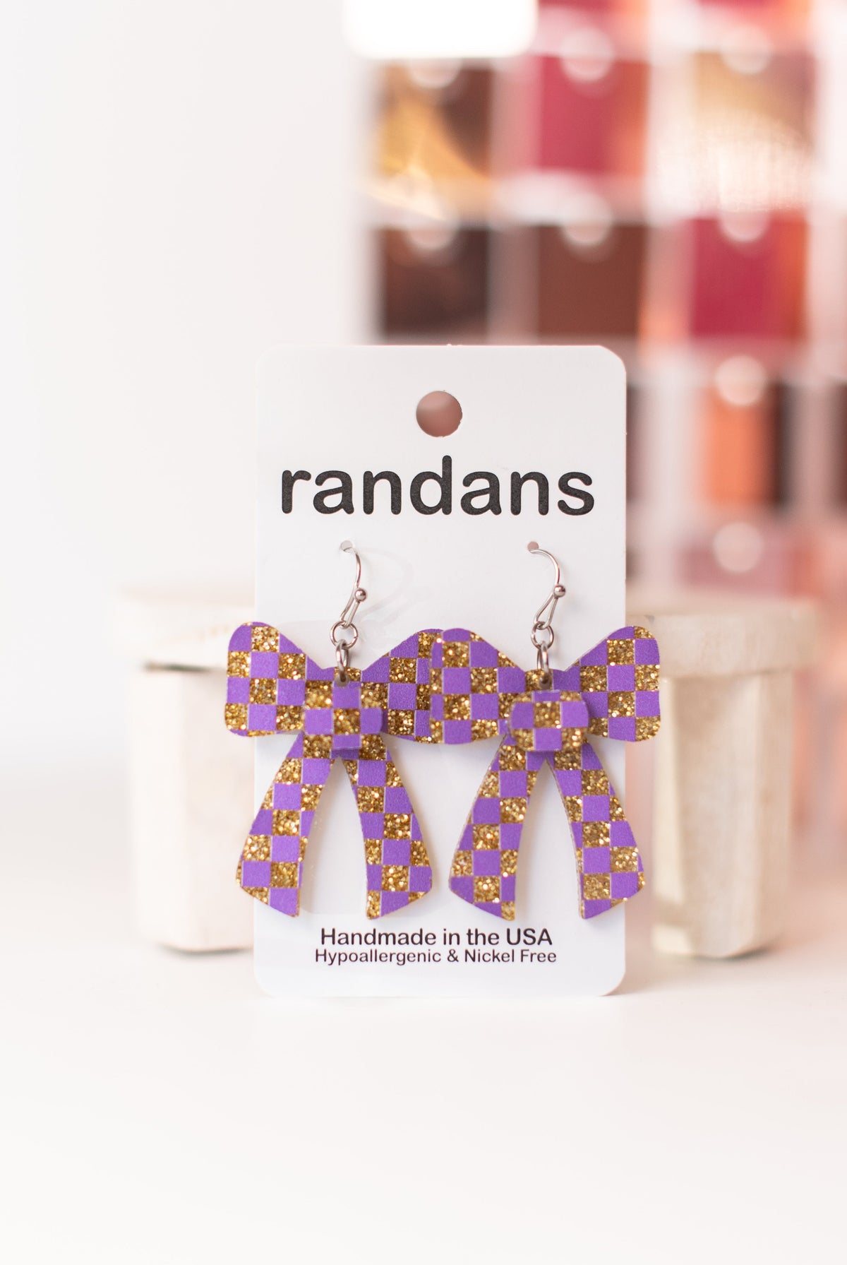 Checkered Coquette Bow Randans - Purple & Gold-Jewelry - Earrings-Dear Me Southern Boutique, located in DeRidder, Louisiana