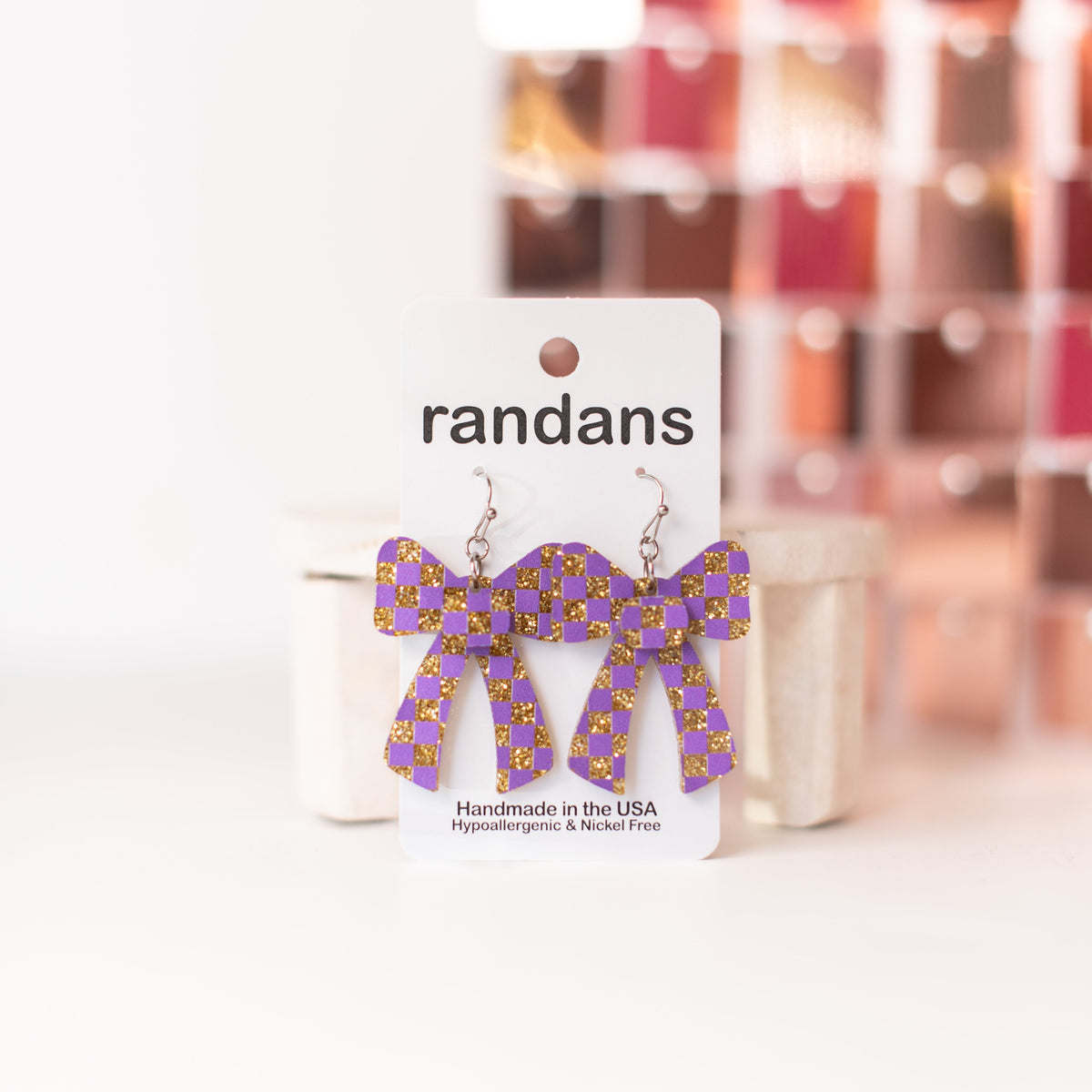 Checkered Coquette Bow Randans - Purple & Gold-Jewelry - Earrings-Dear Me Southern Boutique, located in DeRidder, Louisiana