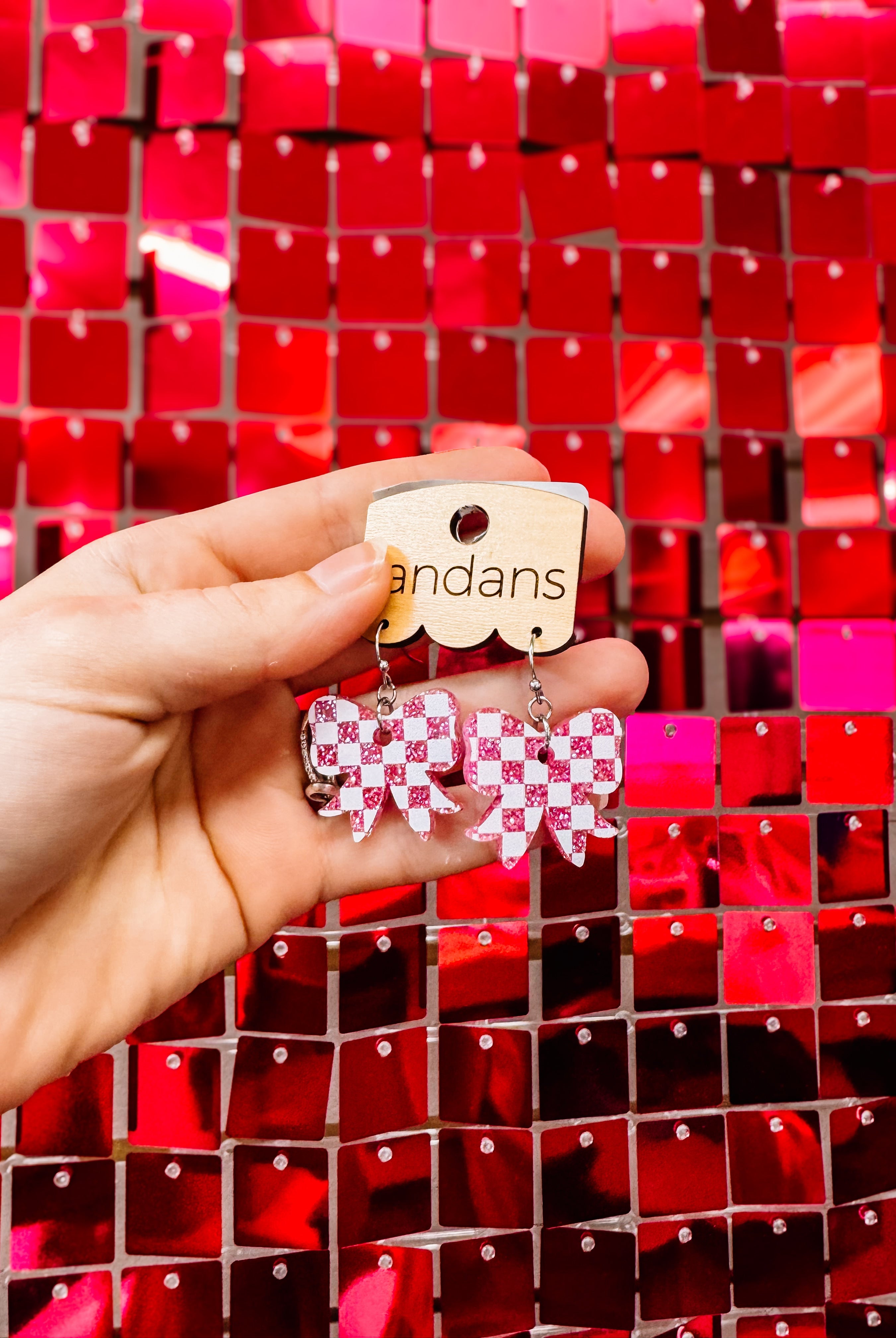 Checkered Mini Bow Randans - Pink and White-Earrings-Dear Me Southern Boutique, located in DeRidder, Louisiana