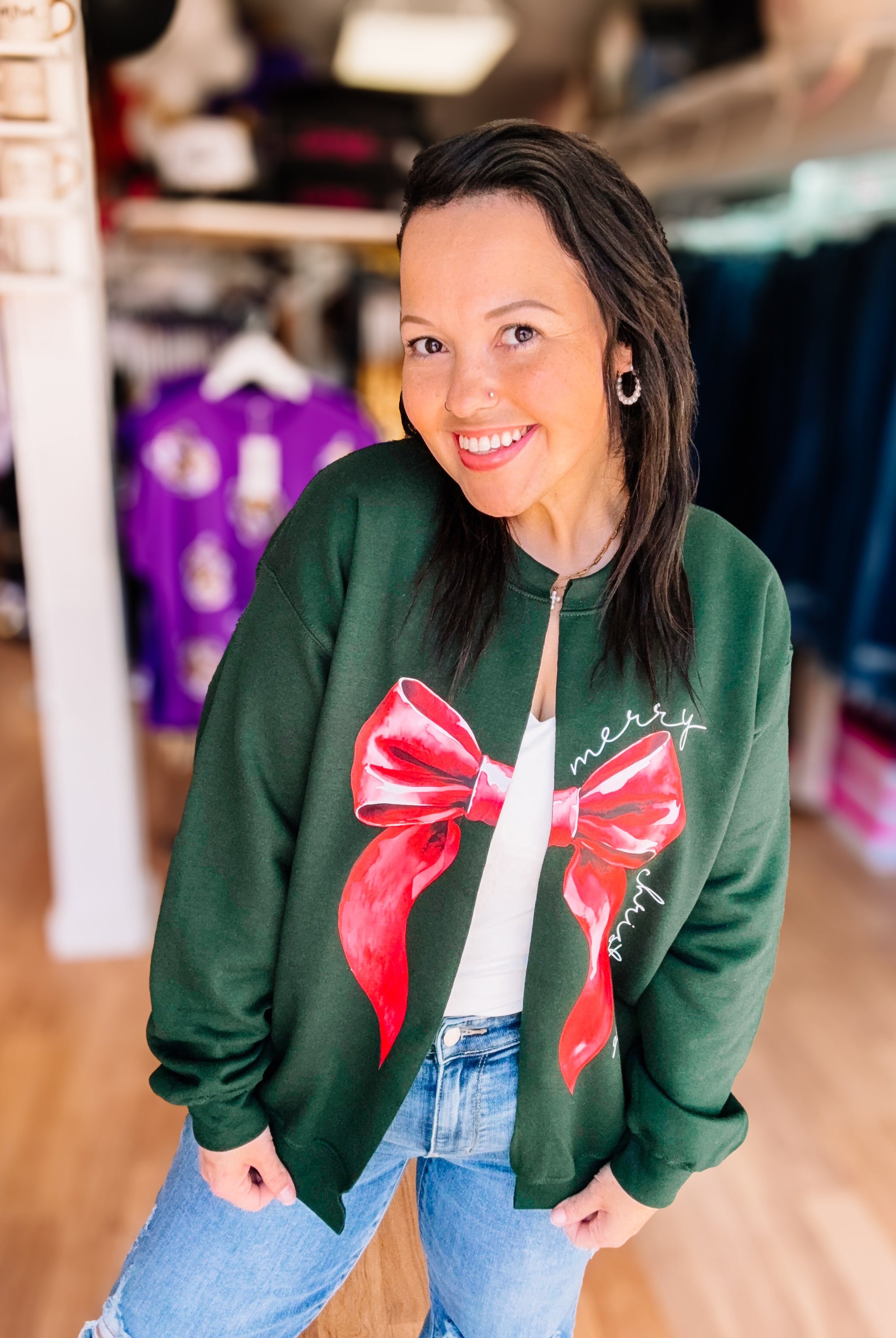 Christmas Bow Cut-Up Sweatshirt Cardigan-Graphic Tops-Dear Me Southern Boutique, located in DeRidder, Louisiana