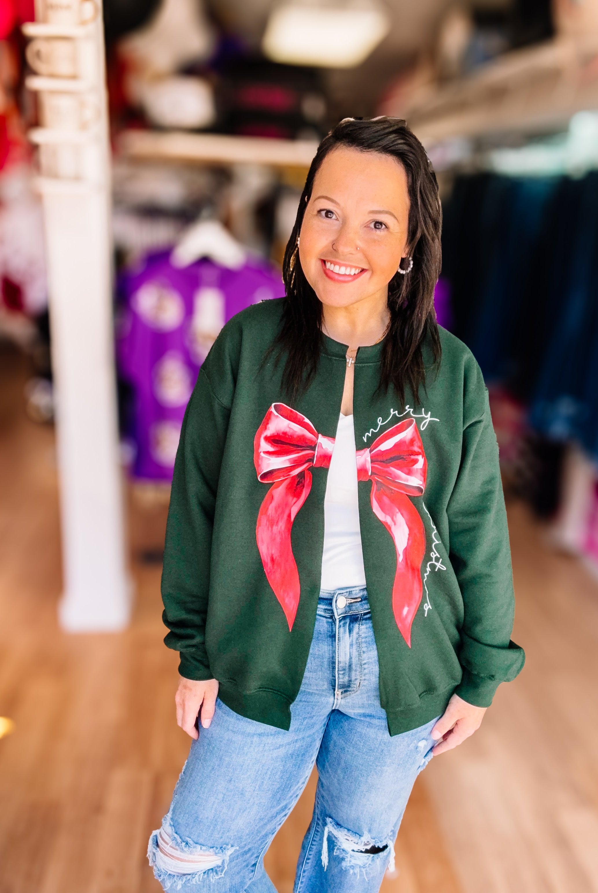 Christmas Bow Cut-Up Sweatshirt Cardigan-Graphic Tops-Dear Me Southern Boutique, located in DeRidder, Louisiana