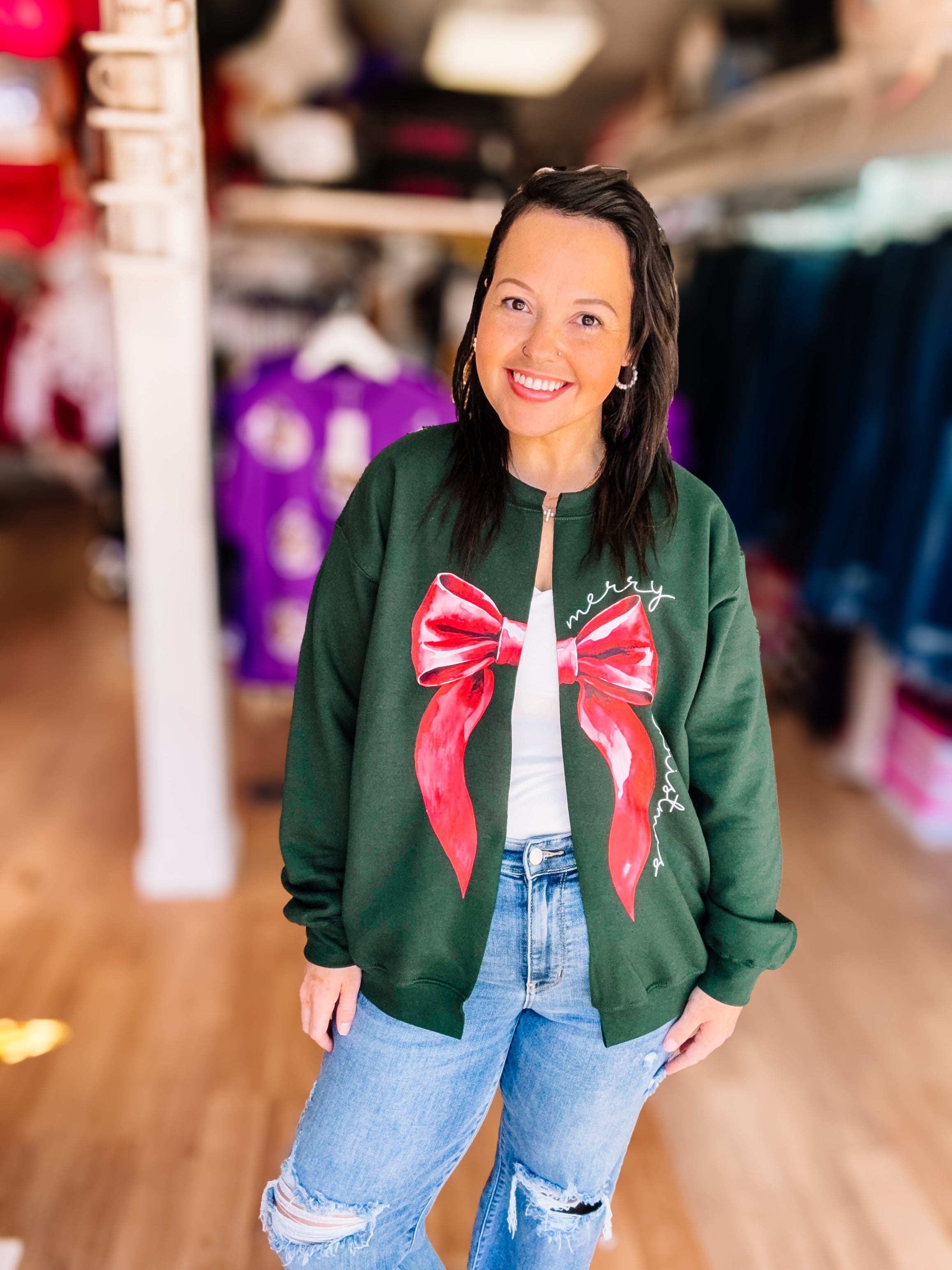 Christmas Bow Cut-Up Sweatshirt Cardigan-Graphic Tops-Dear Me Southern Boutique, located in DeRidder, Louisiana