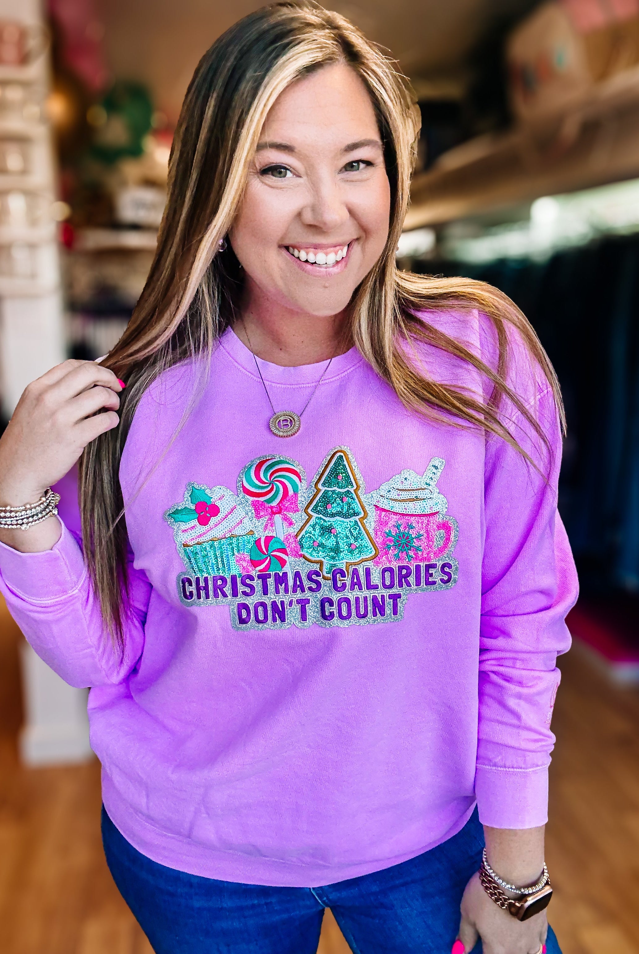 Christmas Calories Don't Count Sequin Pullover-Graphic Tops-Dear Me Southern Boutique, located in DeRidder, Louisiana