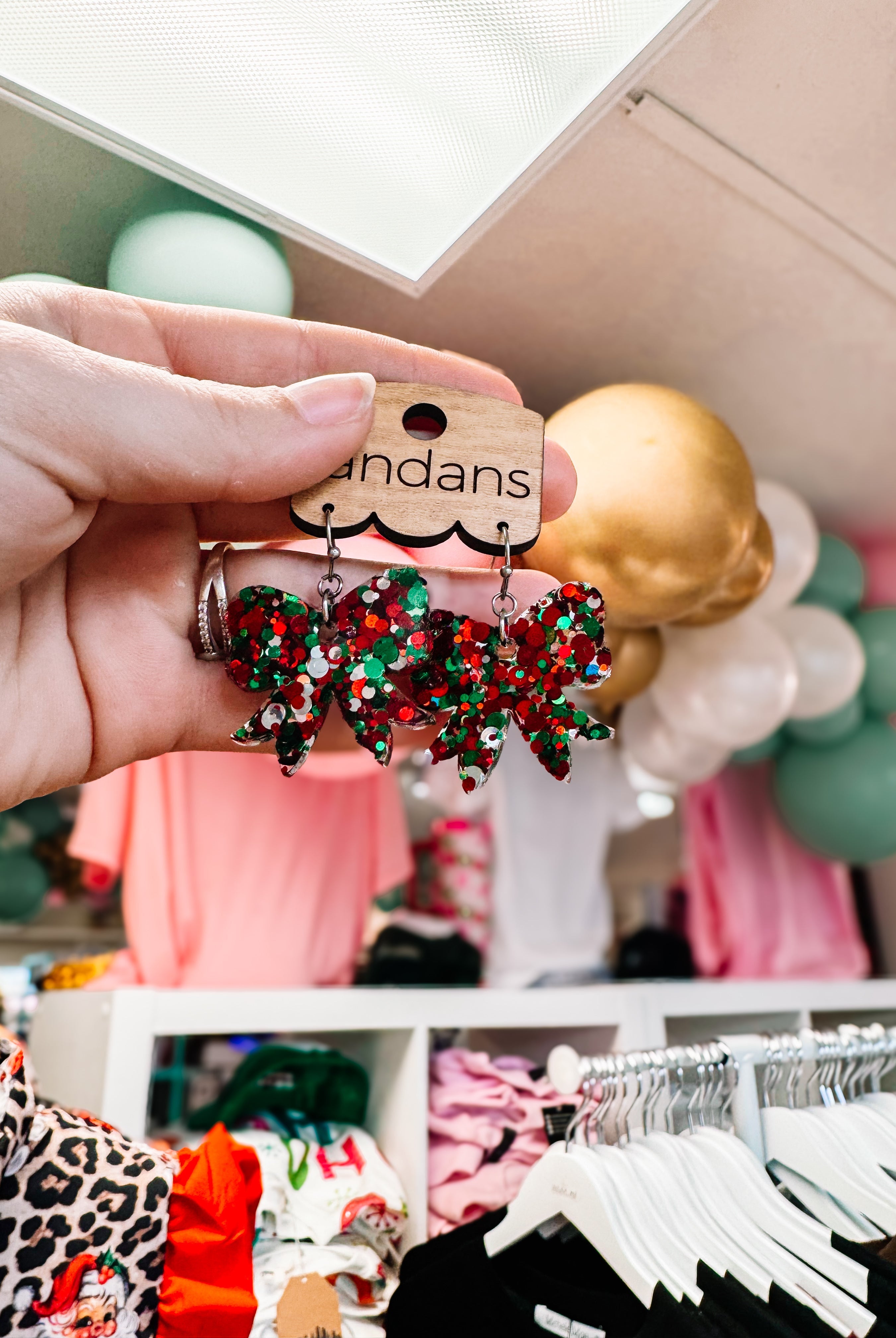 Christmas Mini Coquette Bow Randans Dangles-Earrings-Dear Me Southern Boutique, located in DeRidder, Louisiana