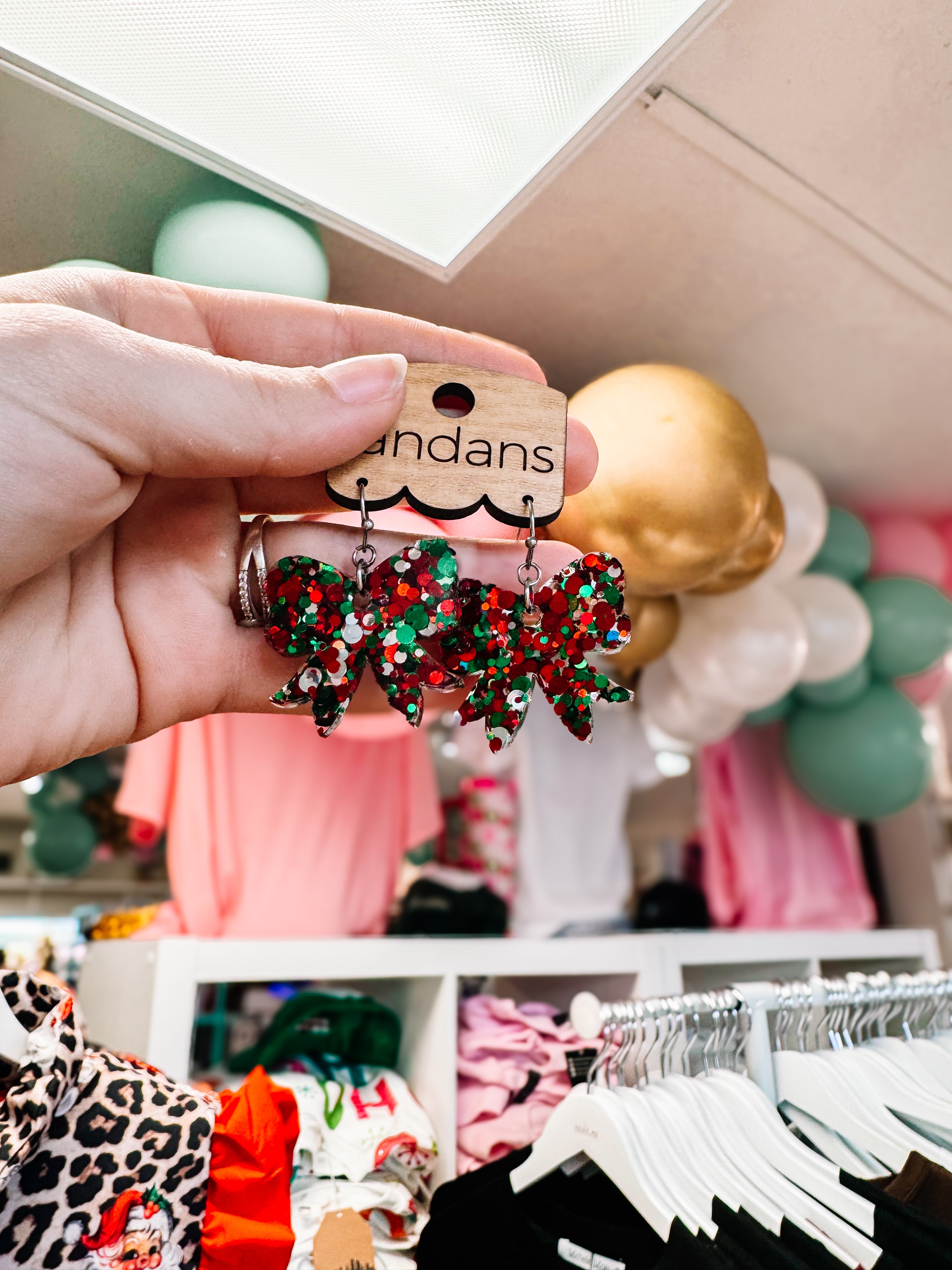 Christmas Mini Coquette Bow Randans Dangles-Earrings-Dear Me Southern Boutique, located in DeRidder, Louisiana