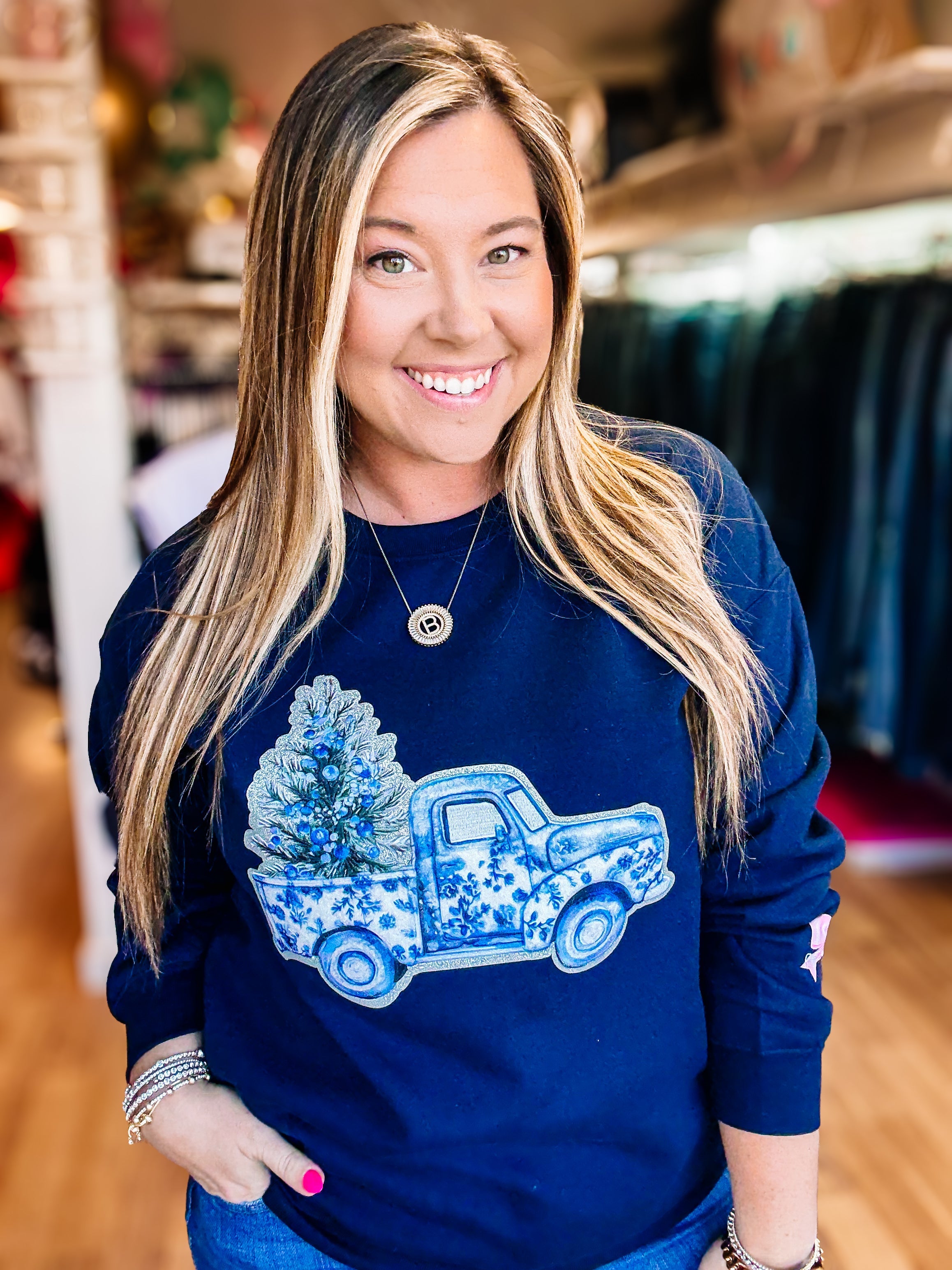 Christmas Pick-Up Pullover-Graphic Tops-Dear Me Southern Boutique, located in DeRidder, Louisiana
