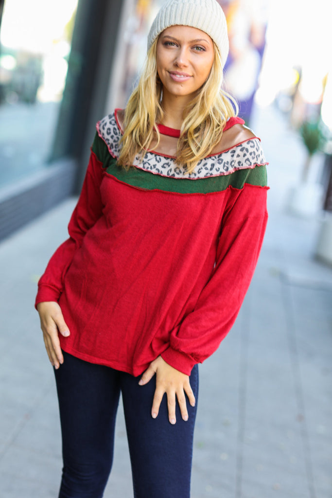 Christmas Red Terry Hacci Color Block Pullover (INSTOCK)-Dear Me Southern Boutique, located in DeRidder, Louisiana