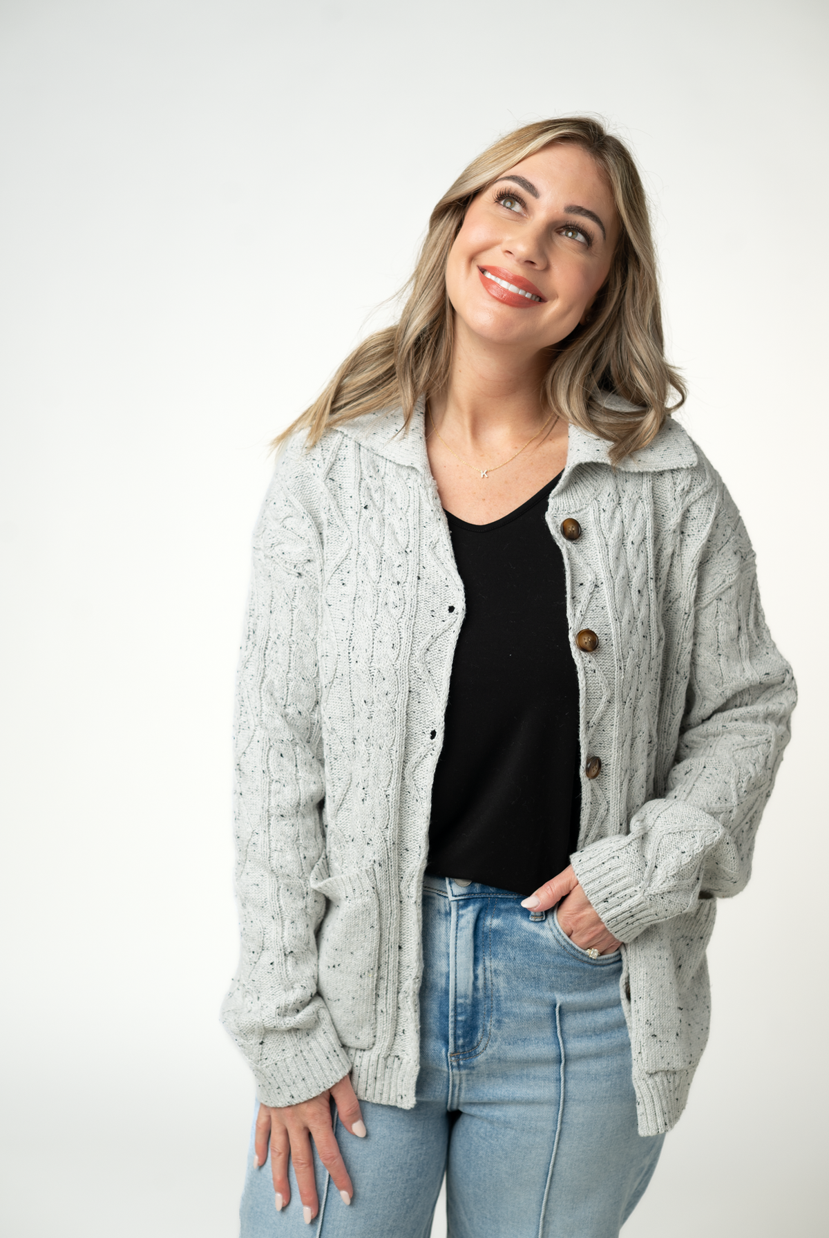 Confetti Dot Cable Cardigan Jacket - Grey-Cardigans-Dear Me Southern Boutique, located in DeRidder, Louisiana