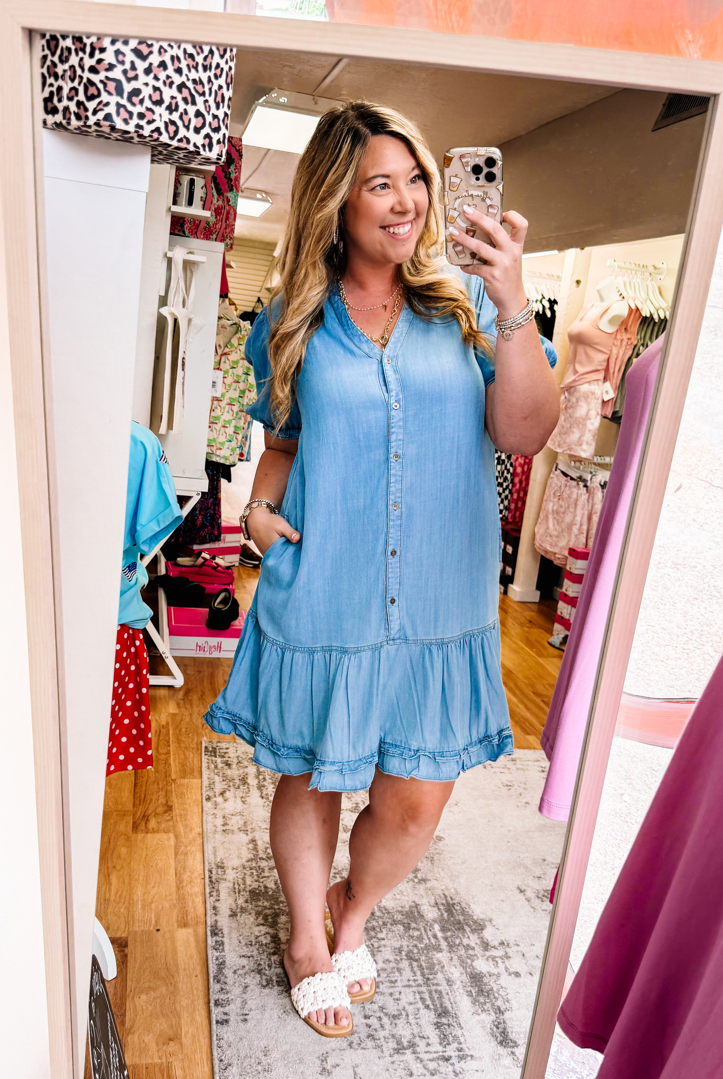 Cora Denim Ruffle Dress-Dress-Dear Me Southern Boutique, located in DeRidder, Louisiana
