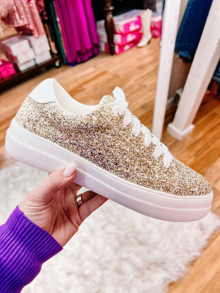 Corkys Glaring Sneaker - Gold Chunky Glitter-Shoes-Dear Me Southern Boutique, located in DeRidder, Louisiana