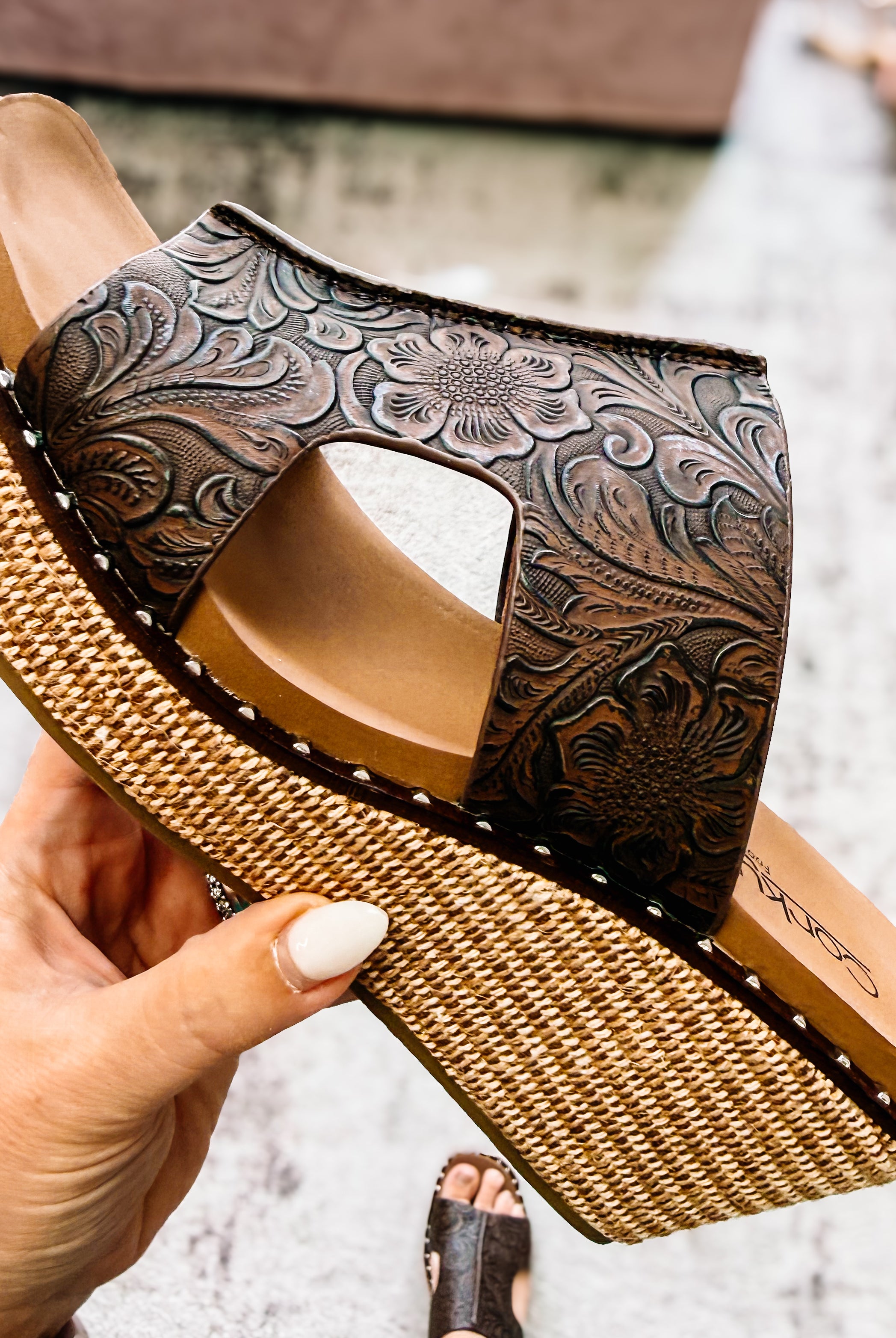 Corkys Kiss N Tell Chocolate Embossed Floral-Wedges-Dear Me Southern Boutique, located in DeRidder, Louisiana