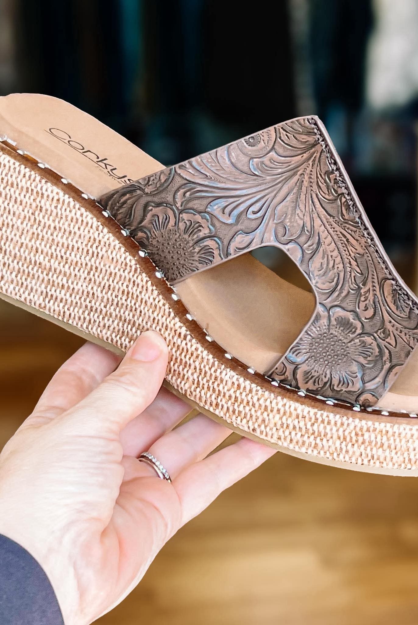 Corkys Kiss N Tell Chocolate Embossed Floral-Wedges-Dear Me Southern Boutique, located in DeRidder, Louisiana
