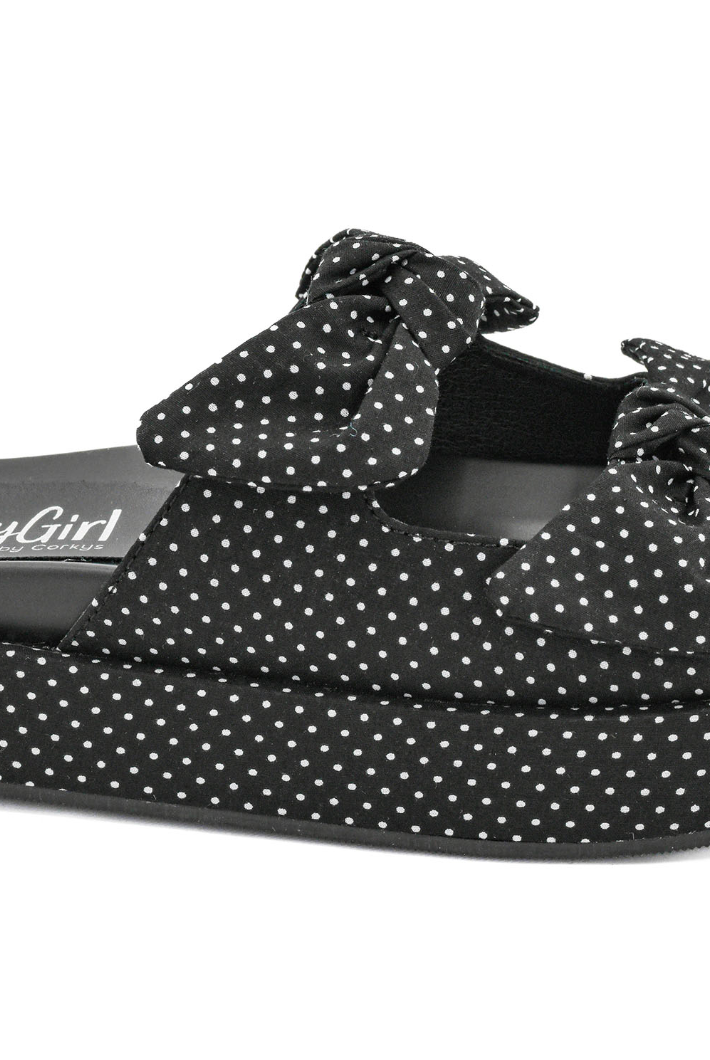 Corkys Lil Bit Knotty Sandals - Black/White Polka Dot-Sandals-Dear Me Southern Boutique, located in DeRidder, Louisiana