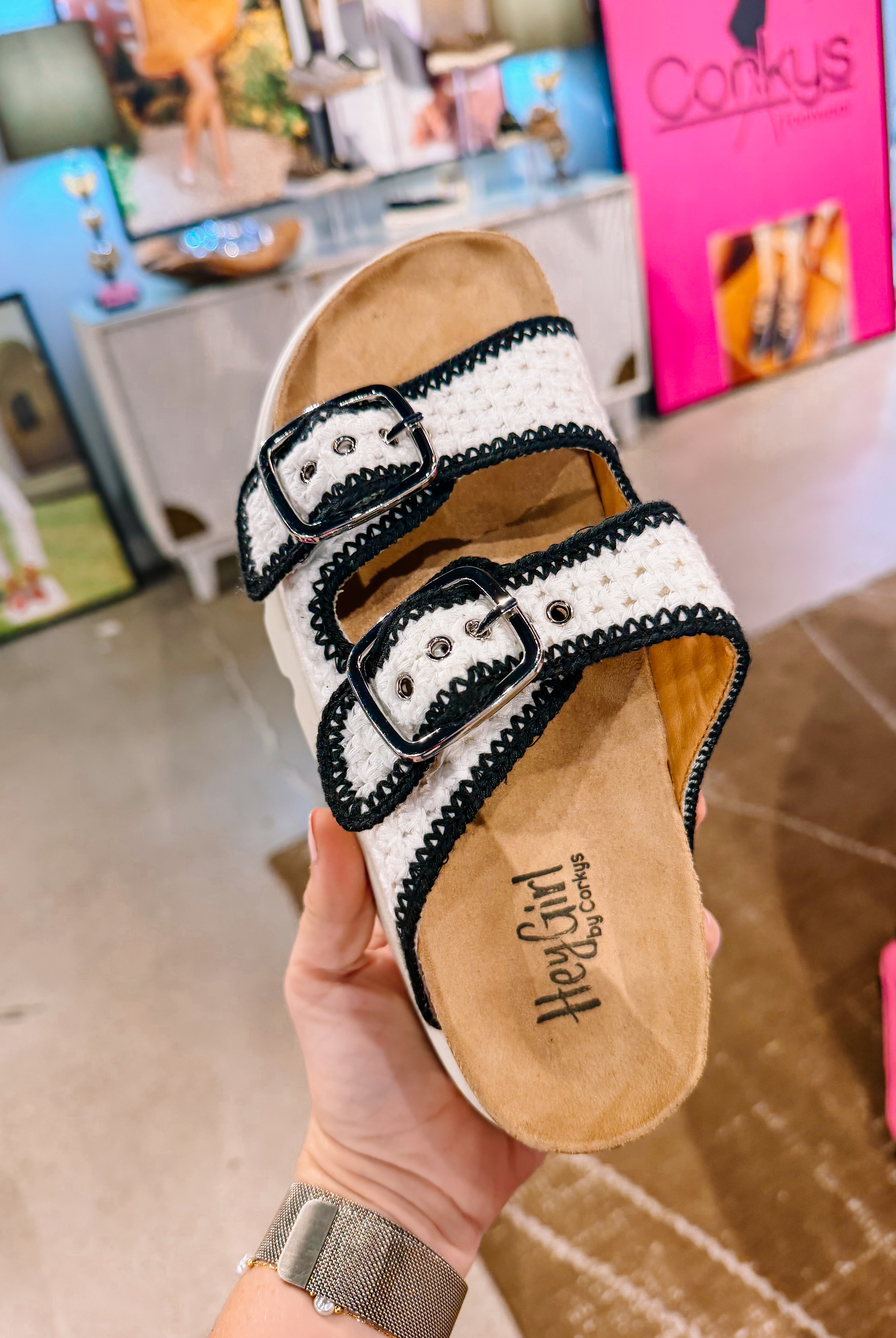 Corkys Rumor Has It Sandals - Ivory Black-Dear Me Southern Boutique, located in DeRidder, Louisiana