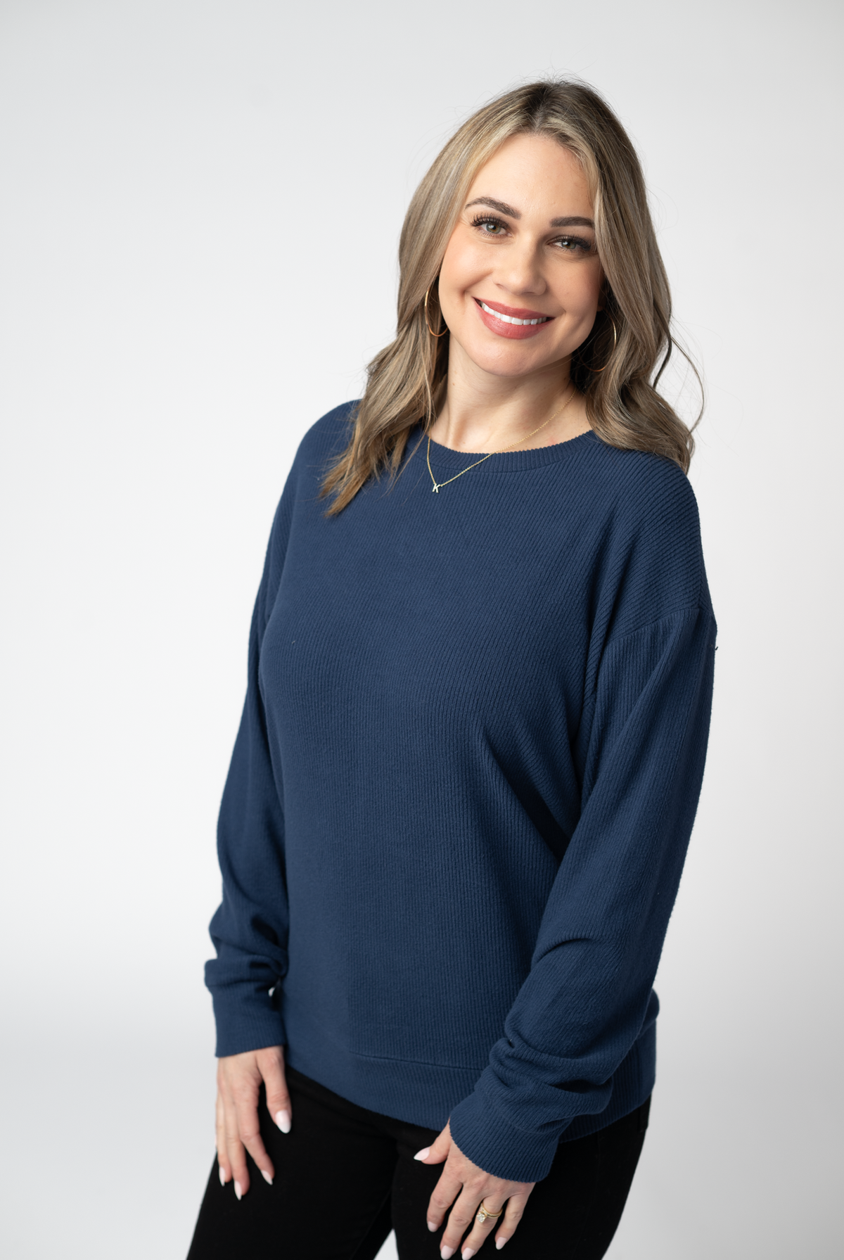 Corrine Ribbed Pullover Top - Navy-Presales-Dear Me Southern Boutique, located in DeRidder, Louisiana