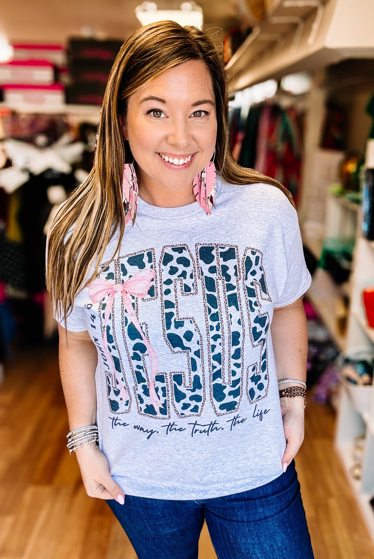 Cow Print Jesus Rhinestone Tee & Crewneck-Tees-Dear Me Southern Boutique, located in DeRidder, Louisiana