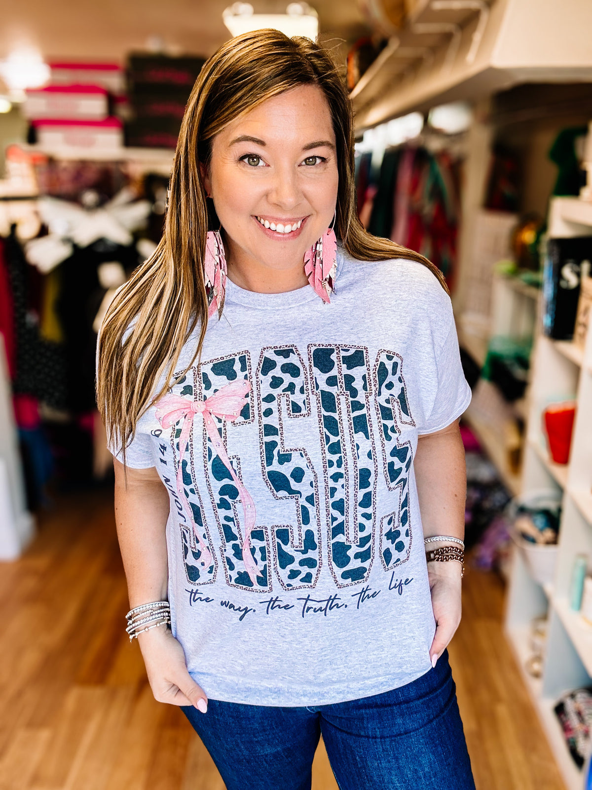 Cow Print Jesus Rhinestone Tee & Crewneck-Tees-Dear Me Southern Boutique, located in DeRidder, Louisiana