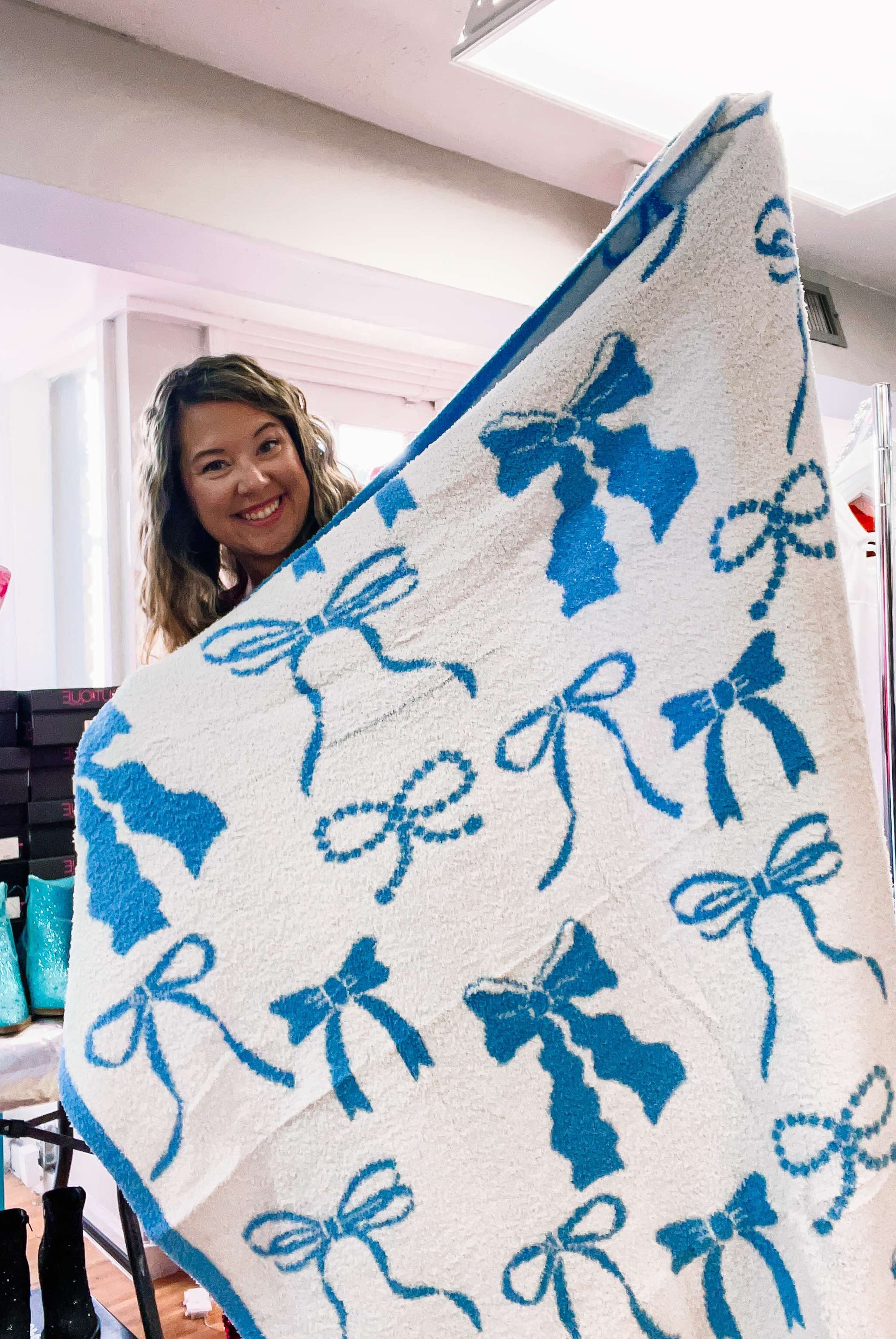 Cozy BLUE Bow Luxury Throw Blanket-JAG Blankets-Dear Me Southern Boutique, located in DeRidder, Louisiana