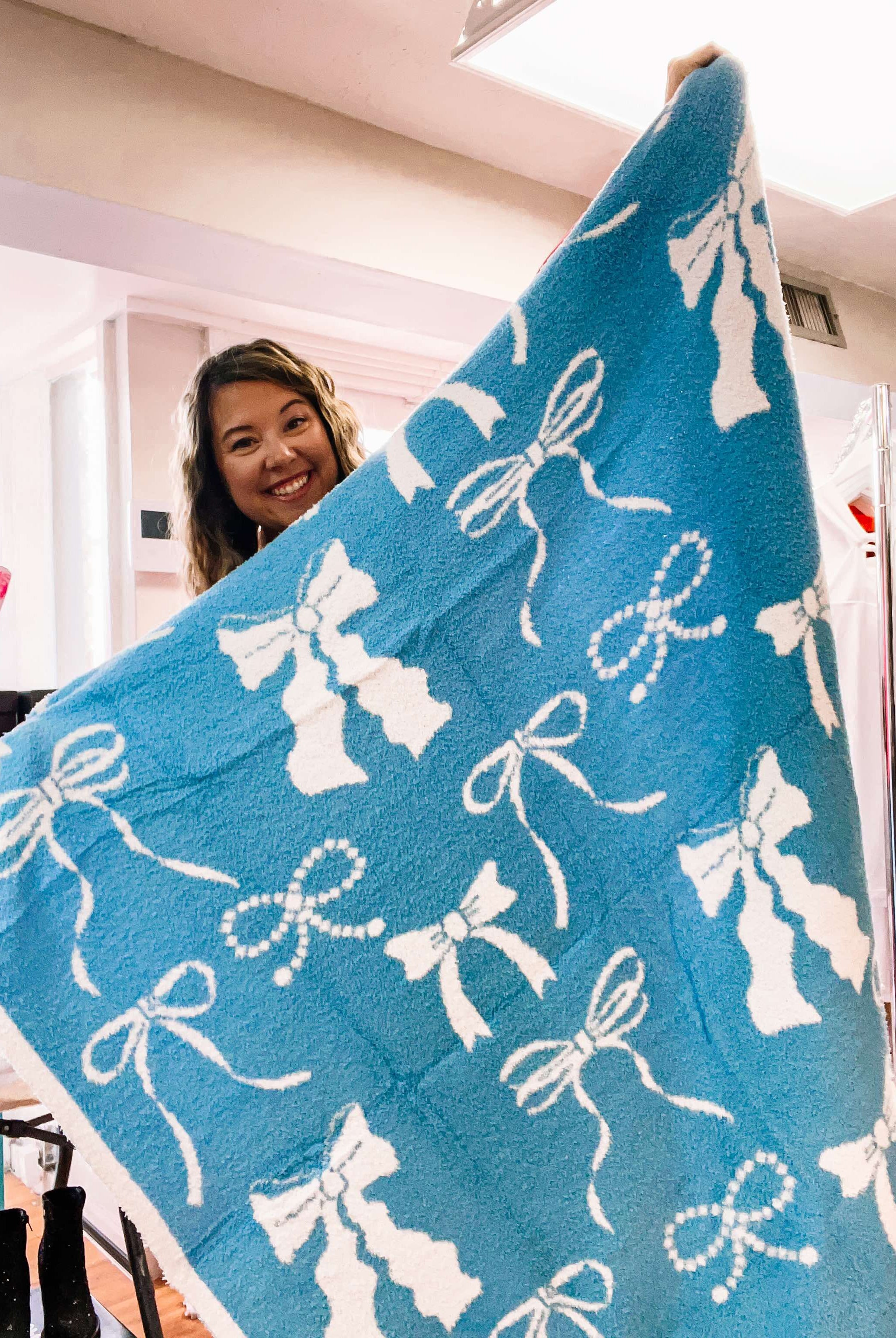Cozy BLUE Bow Luxury Throw Blanket-JAG Blankets-Dear Me Southern Boutique, located in DeRidder, Louisiana