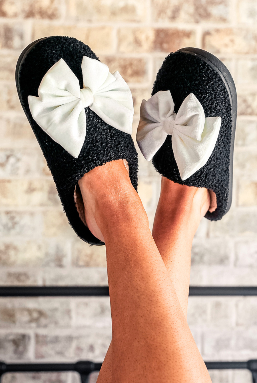 Cozy Bow Slippers- Black/White-Shoes-Dear Me Southern Boutique, located in DeRidder, Louisiana