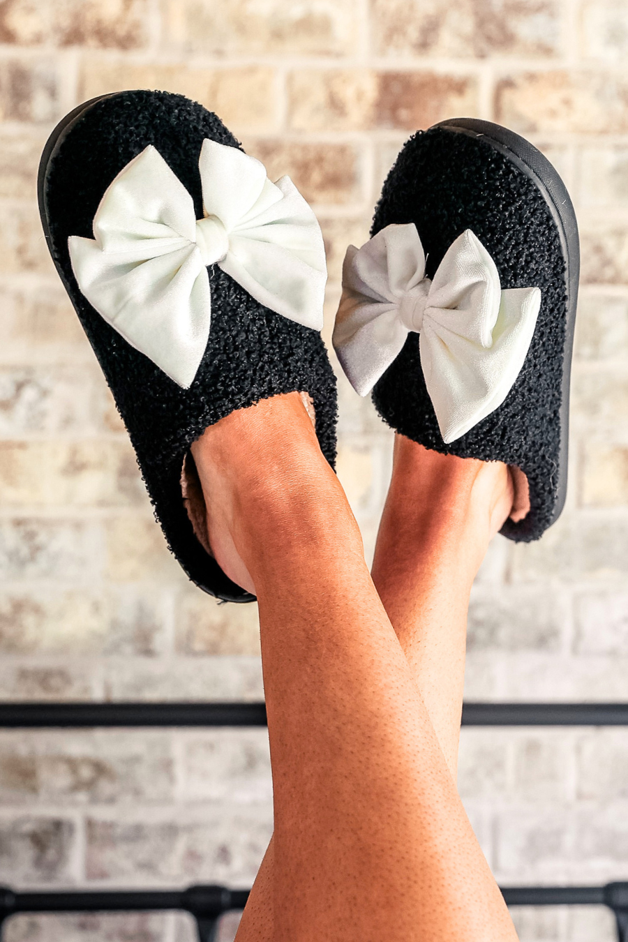 Cozy Bow Slippers- Black/White-Shoes-Dear Me Southern Boutique, located in DeRidder, Louisiana