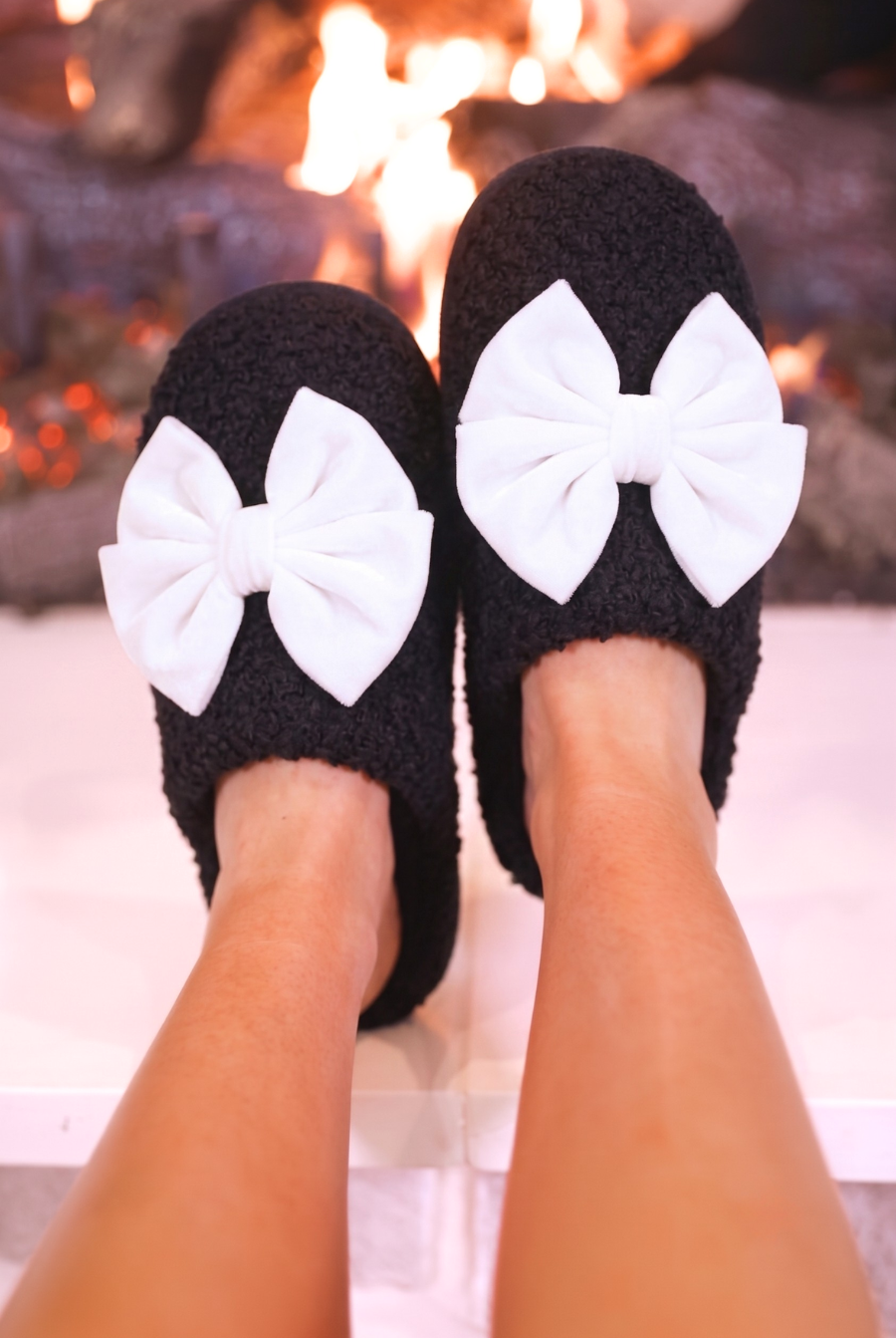 Cozy Bow Slippers- Black/White-Shoes-Dear Me Southern Boutique, located in DeRidder, Louisiana