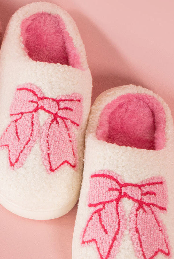 Cozy Bow Slippers - Pink & White-Shoes-Dear Me Southern Boutique, located in DeRidder, Louisiana