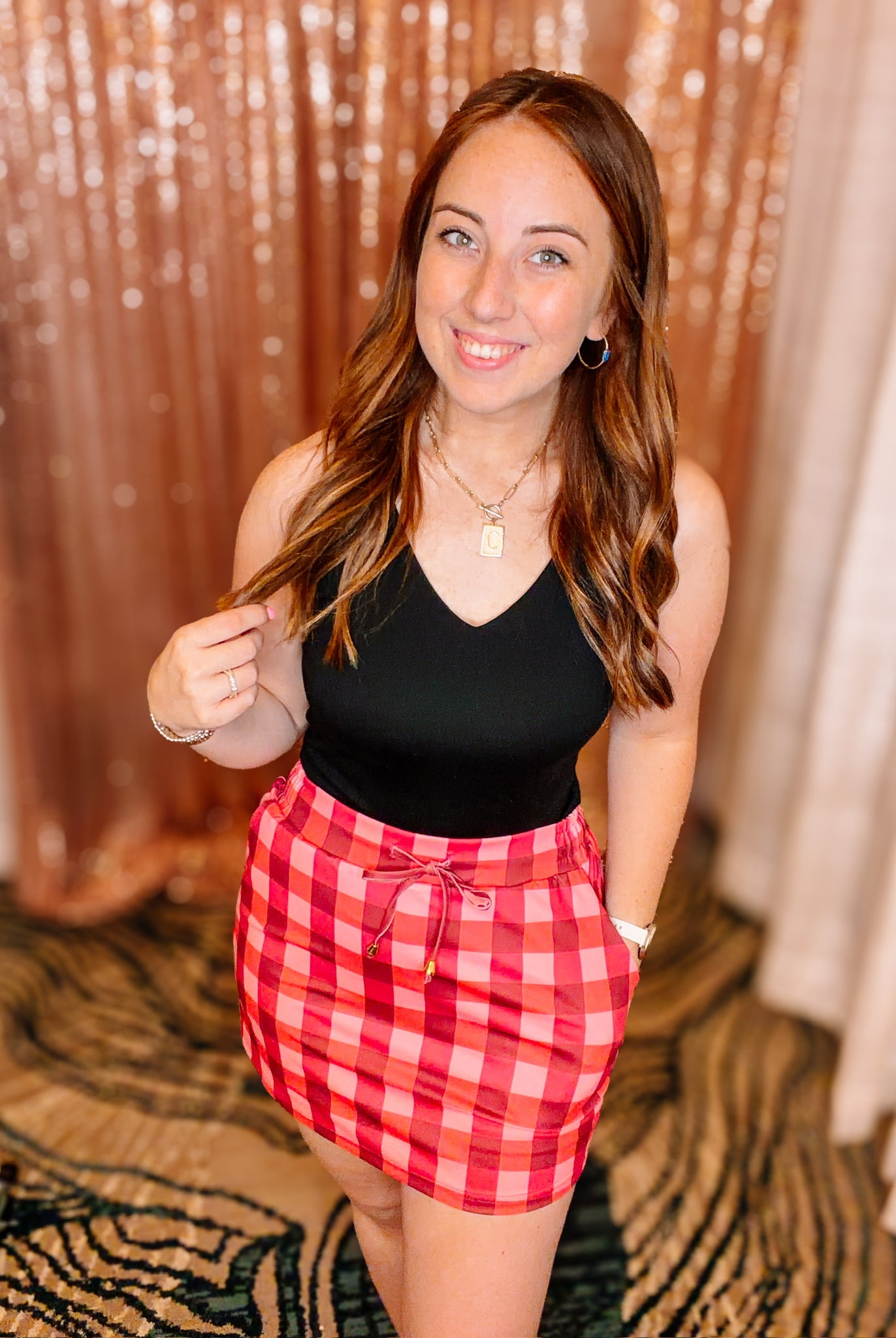 Cranberry Gingham Everyday Skort-Skort-Dear Me Southern Boutique, located in DeRidder, Louisiana