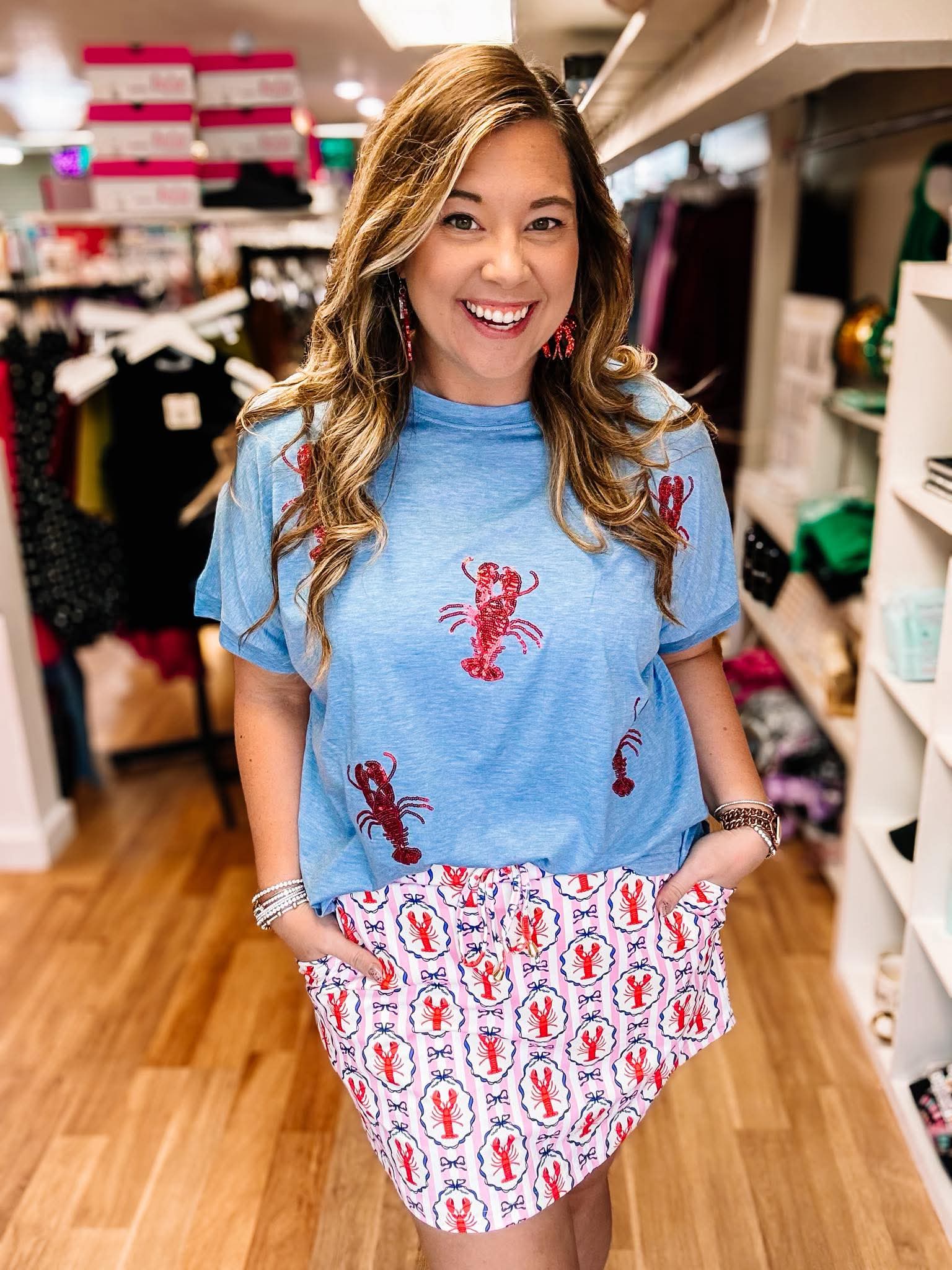 Crawfish Shack Sequin Patch Top-Blouses-Dear Me Southern Boutique, located in DeRidder, Louisiana