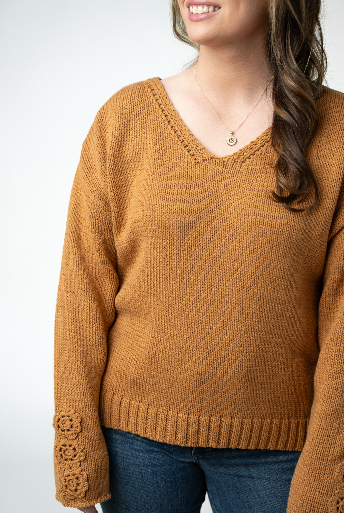 Crochet Sleeve Top - Camel-Sweaters-Dear Me Southern Boutique, located in DeRidder, Louisiana