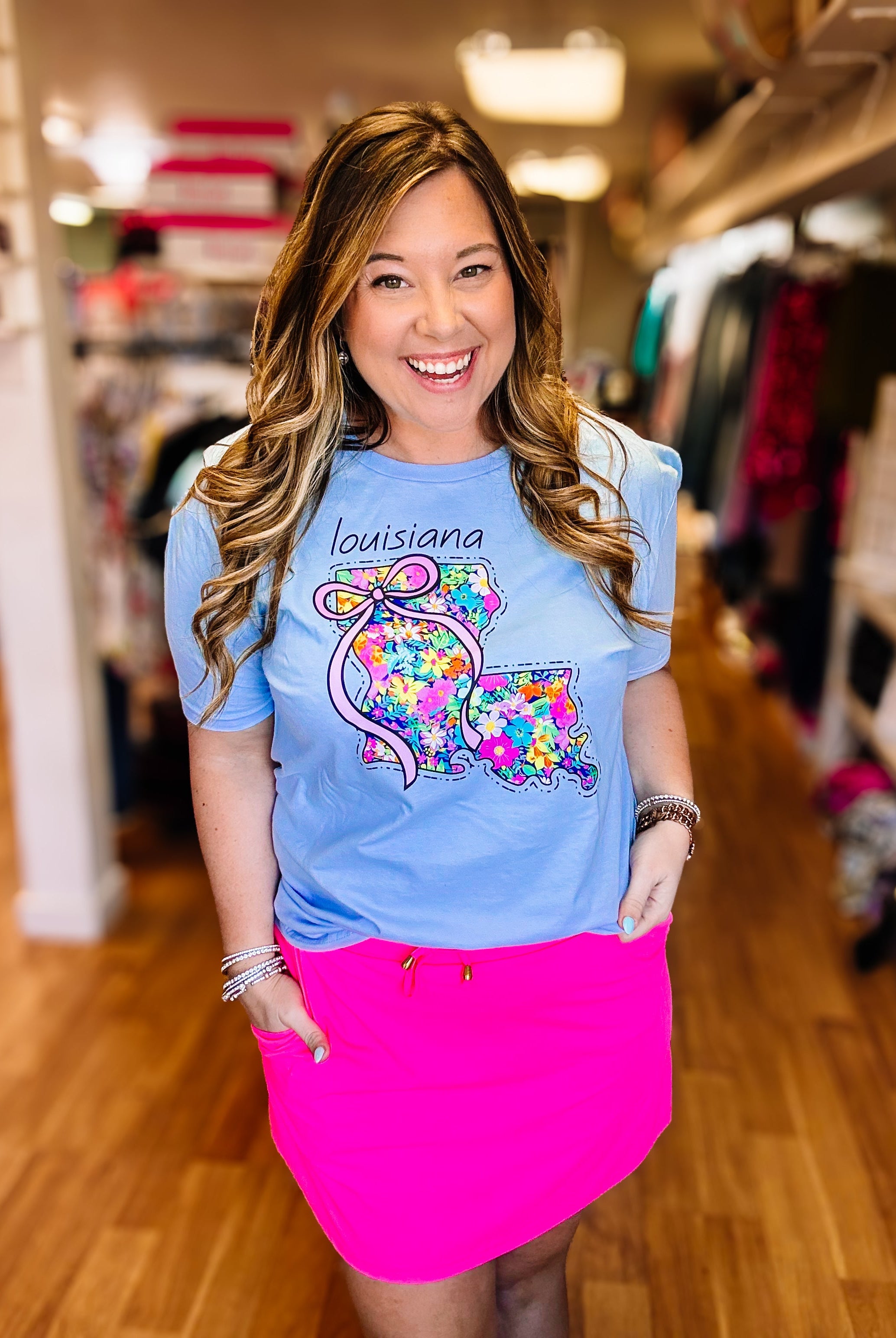 Cutesy Blue Spring Louisiana State Tee-Shirts-Dear Me Southern Boutique, located in DeRidder, Louisiana