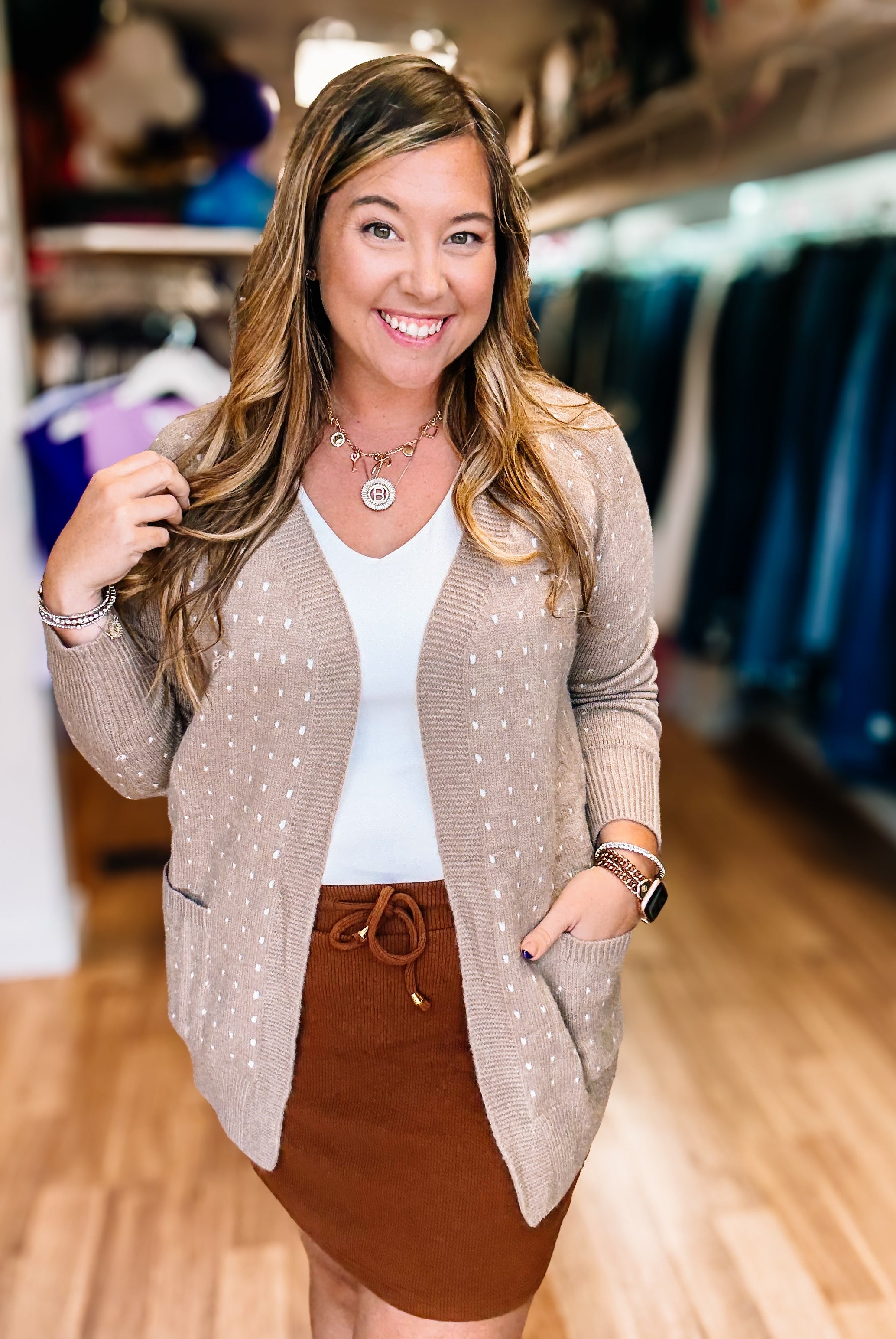 Dalilah Dot Cardigan- Tan-Sweaters-Dear Me Southern Boutique, located in DeRidder, Louisiana