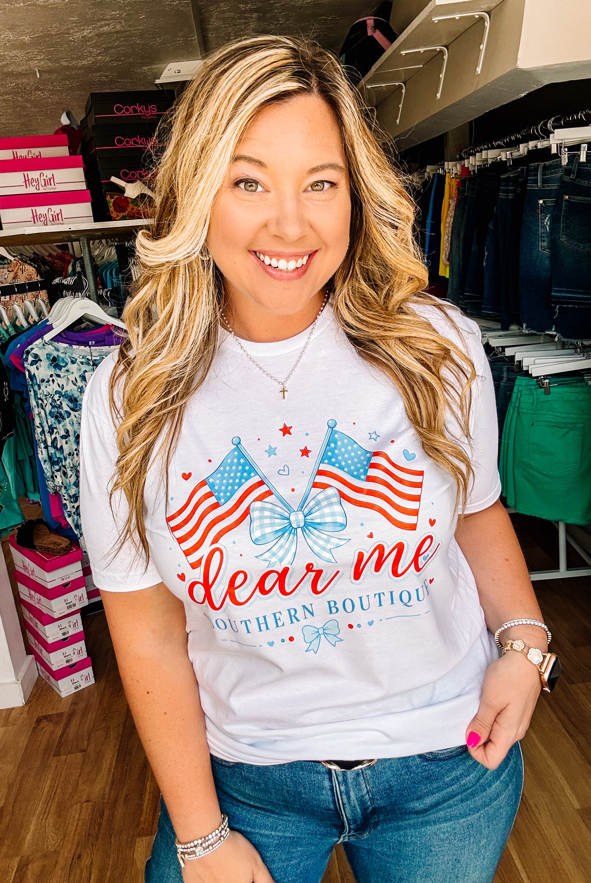 Dear Me Bow Glory Merch Tee-Graphic Tops-Dear Me Southern Boutique, located in DeRidder, Louisiana