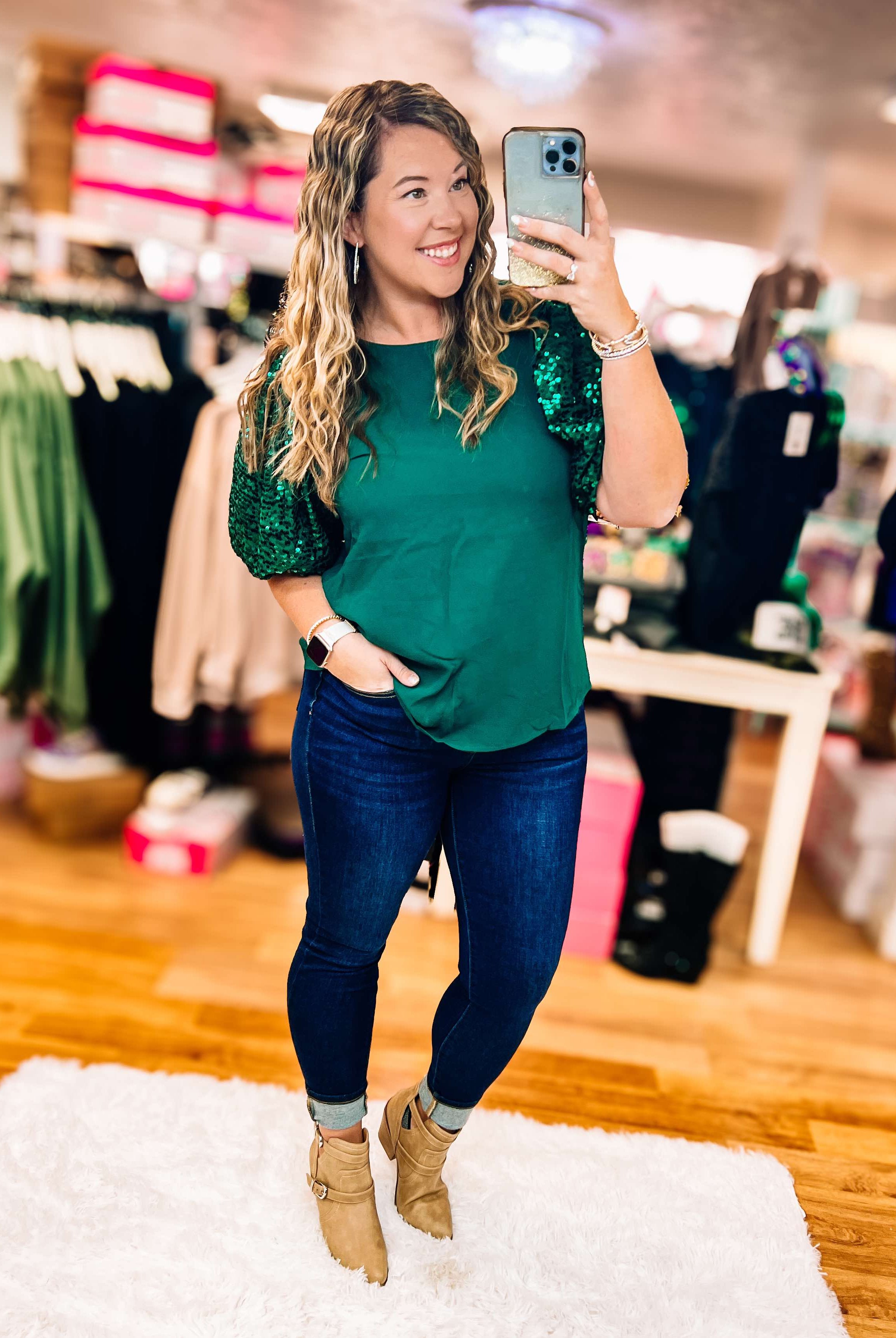 Defy Gravity Sequin Sleeve Top - Emerald-Blouses-Dear Me Southern Boutique, located in DeRidder, Louisiana