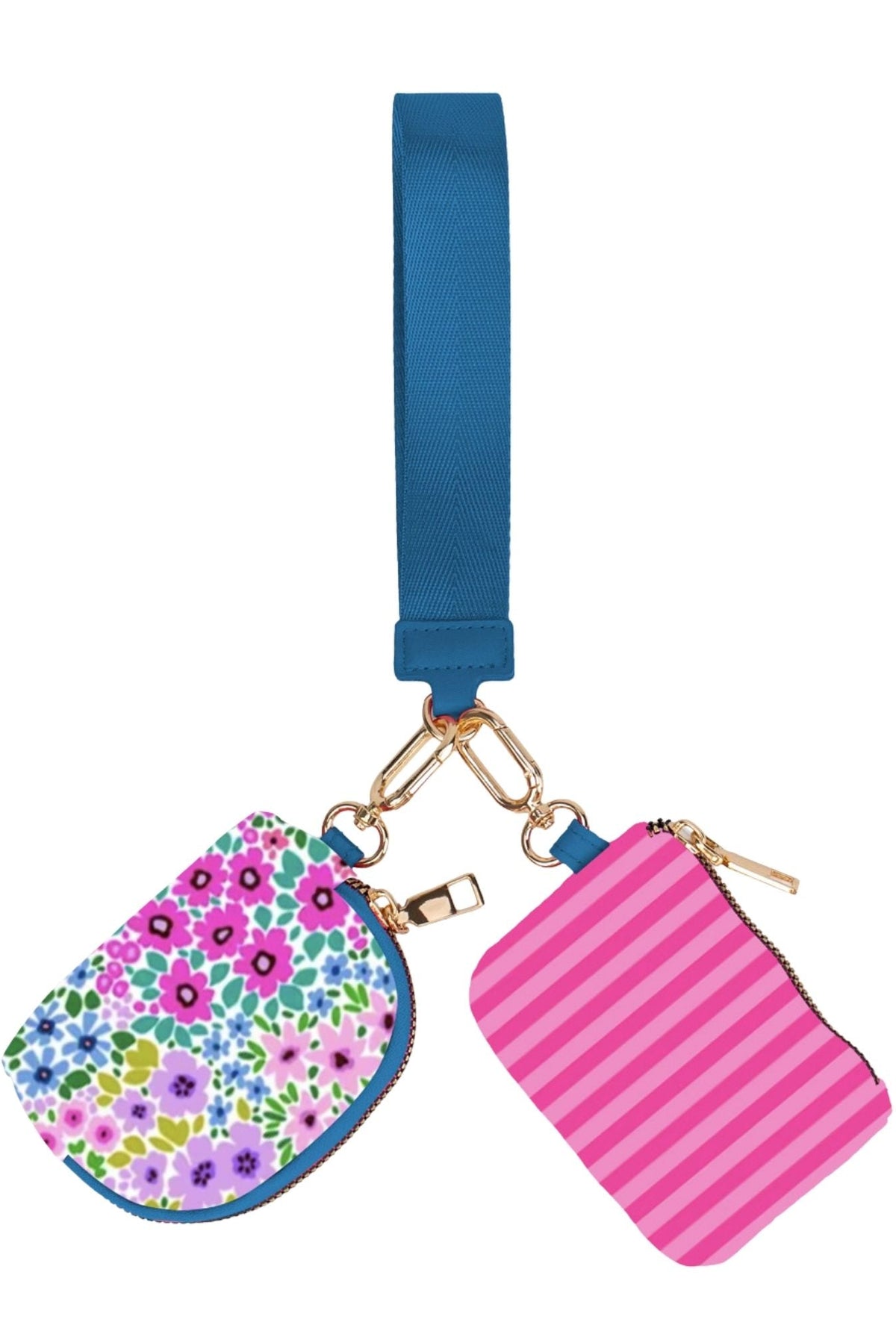 Double Pouch Wristlet- Falling for Florals/Bubblegum Stripes-Presales-Dear Me Southern Boutique, located in DeRidder, Louisiana