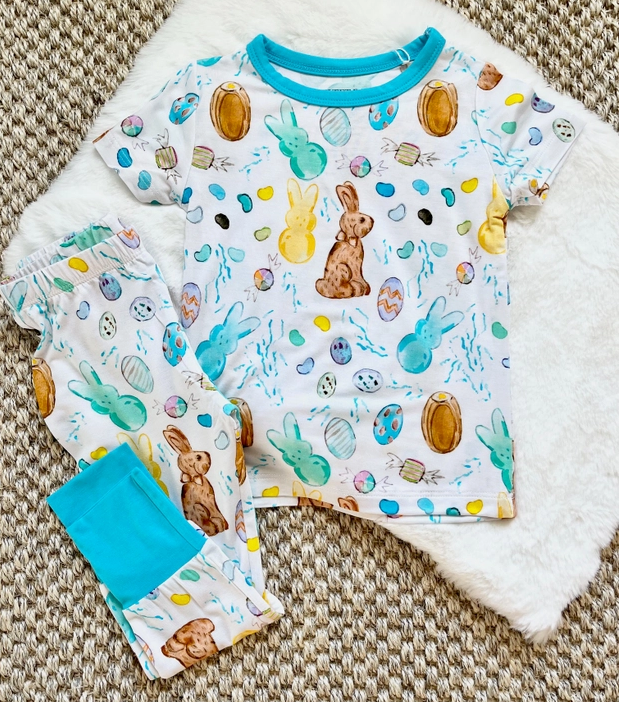 Easter Candy Pajama Pant Set - White/Blue-Kids-Dear Me Southern Boutique, located in DeRidder, Louisiana