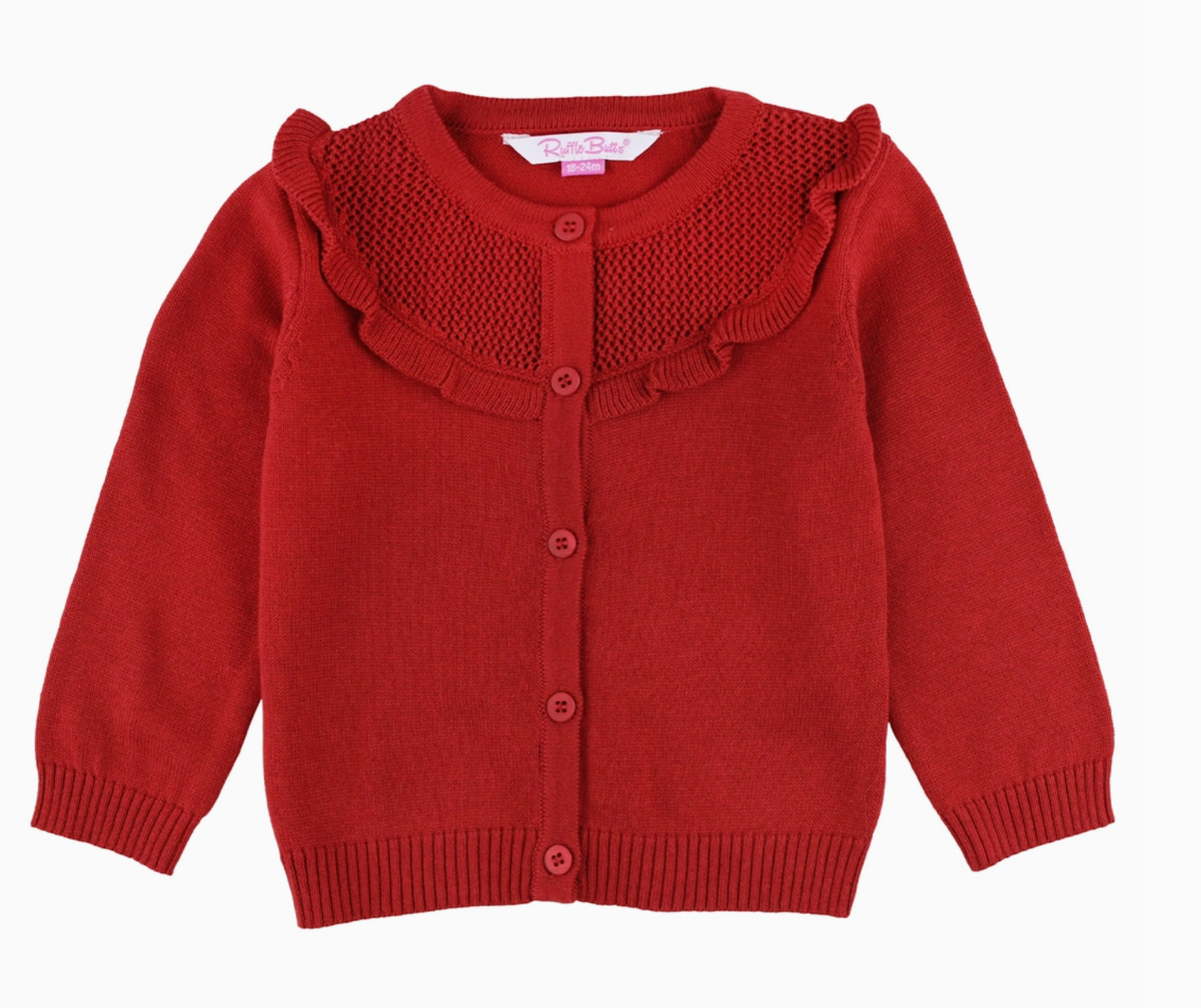 Emma Ruffle Trim Cardigan - Red-Kids Clothing-Dear Me Southern Boutique, located in DeRidder, Louisiana